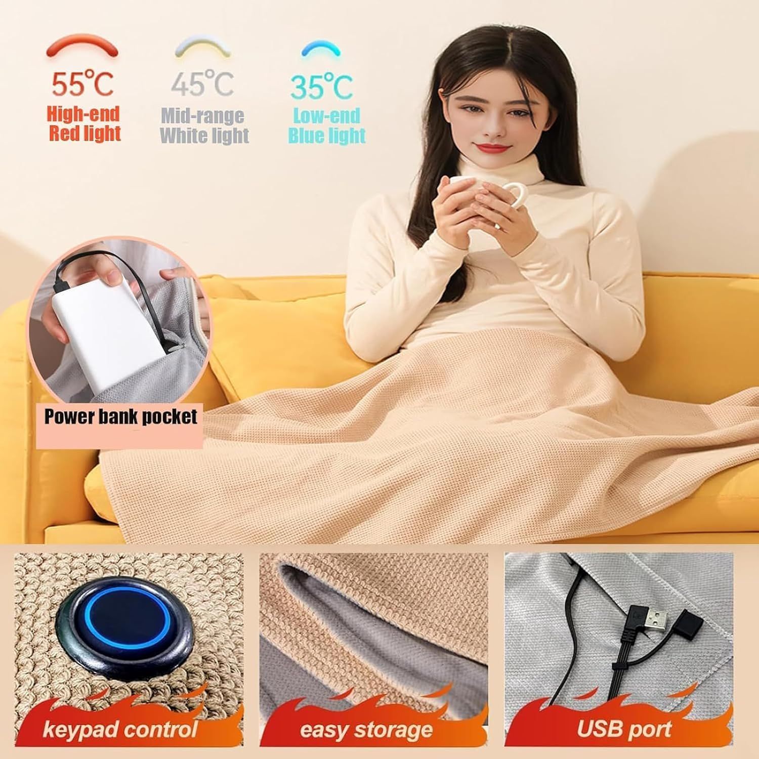 USB Power Supply Electric Heated Blanket Shawl Portable Wearable Heated Throw 3 Heat Levels Machine Washable Cozy 62x32 Inches,Red - Image 4