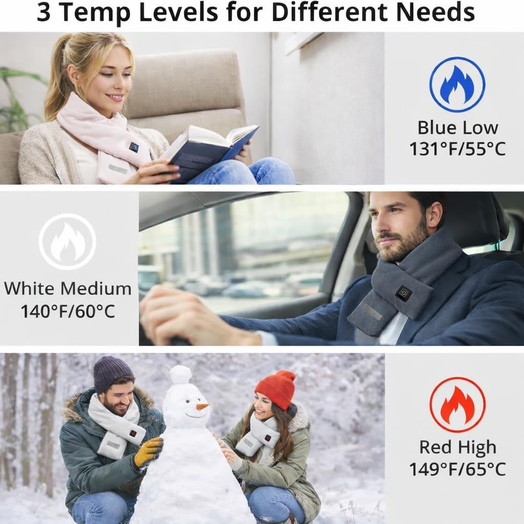 Heated Scarf for Women & Men, Rechargeable Neck Heating Wrap with 3 Heat Settings, Portable Electric Neck Warmer, Fast Heating for Office, Outdoor Winter Warm Gift,Grey - Image 4