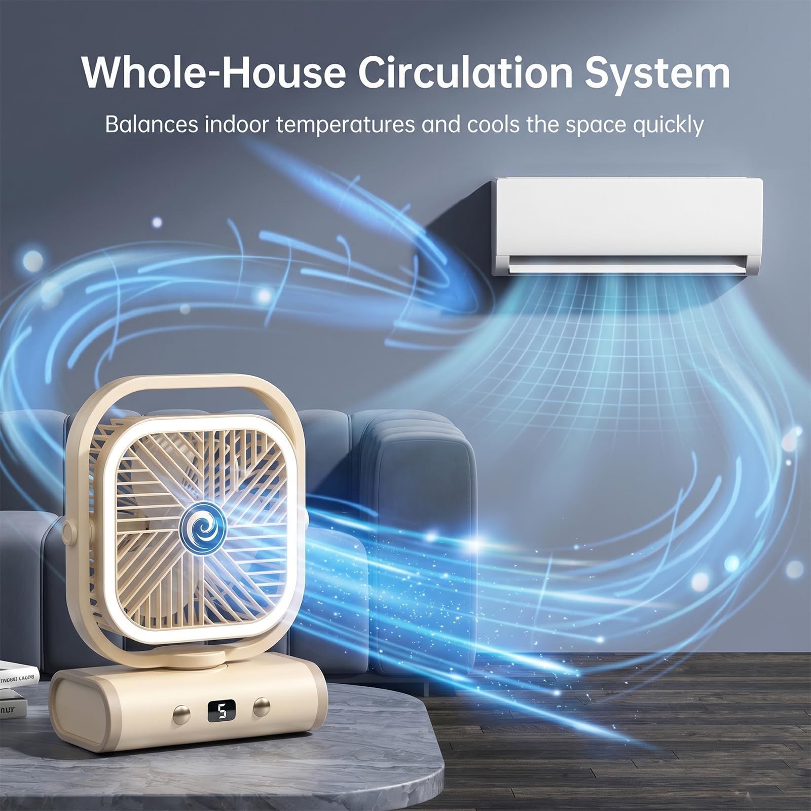 White USB Desk Fan, 5 Speeds Quiet Table Fan with 90° Oscillation, Plug-in Small Desktop Fan with Night Light for Bedroom, Home Office - Image 2