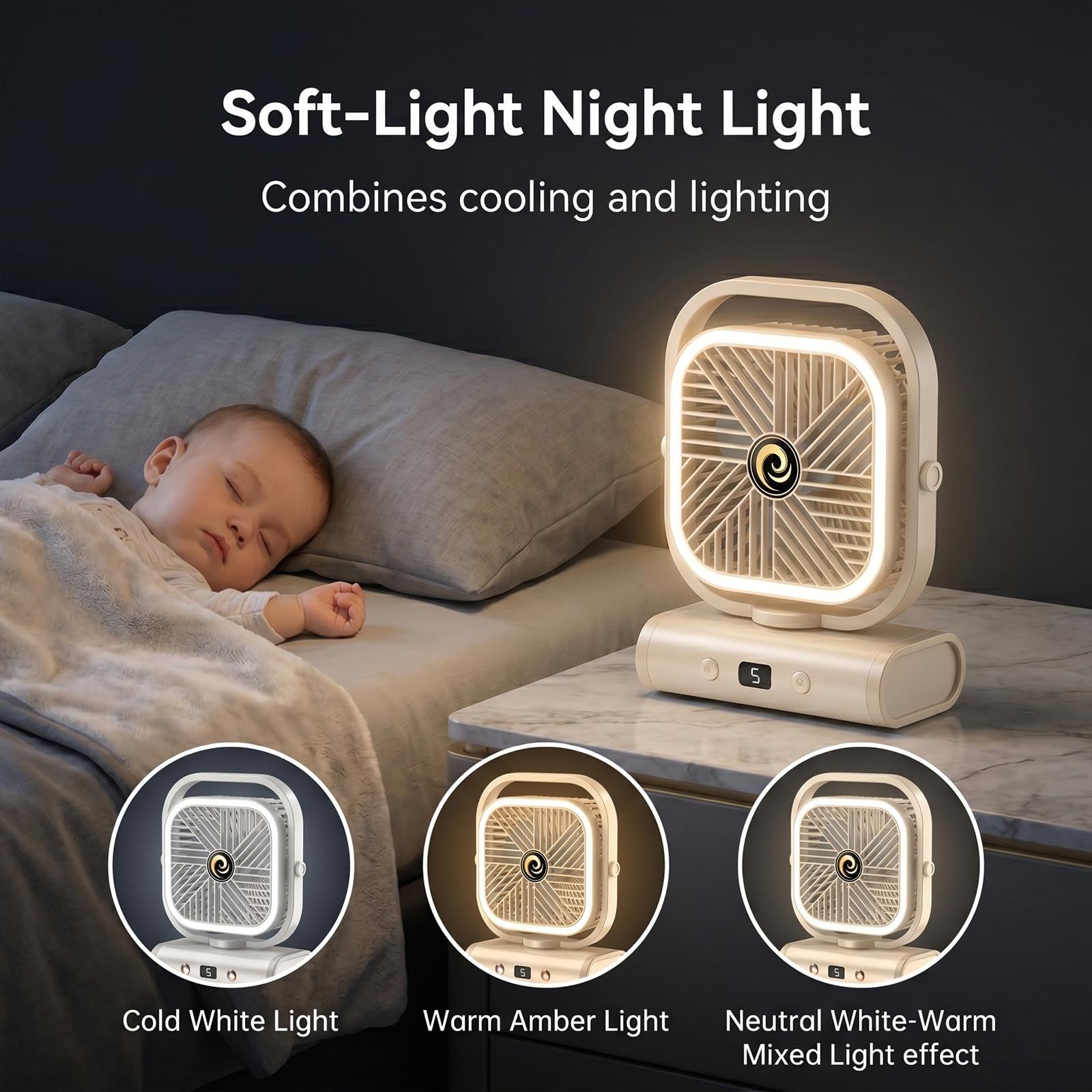 White USB Desk Fan, 5 Speeds Quiet Table Fan with 90° Oscillation, Plug-in Small Desktop Fan with Night Light for Bedroom, Home Office - Image 4