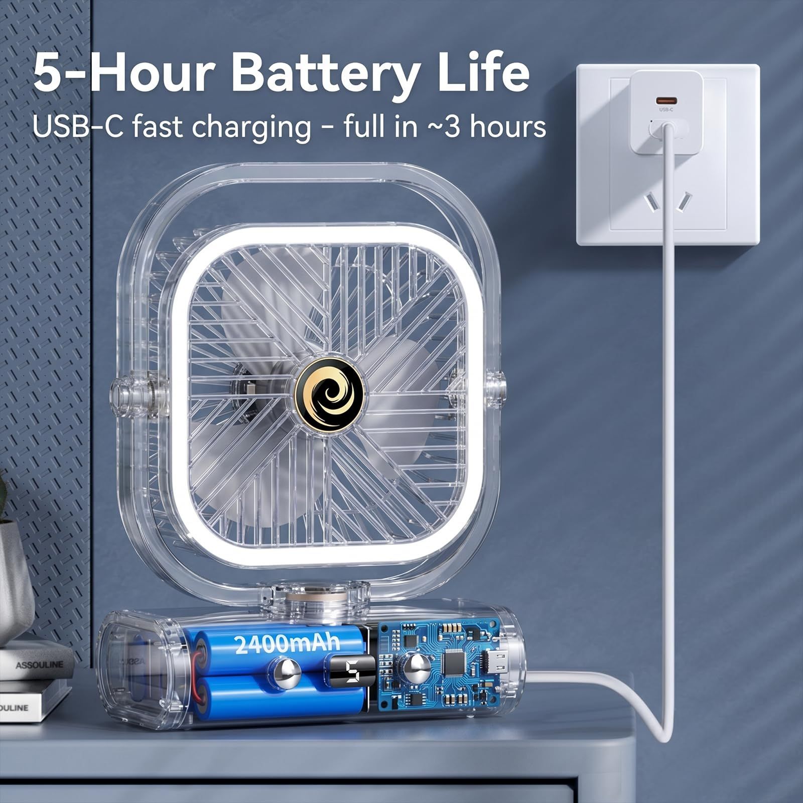 White USB Desk Fan, 5 Speeds Quiet Table Fan with 90° Oscillation, Plug-in Small Desktop Fan with Night Light for Bedroom, Home Office - Image 6