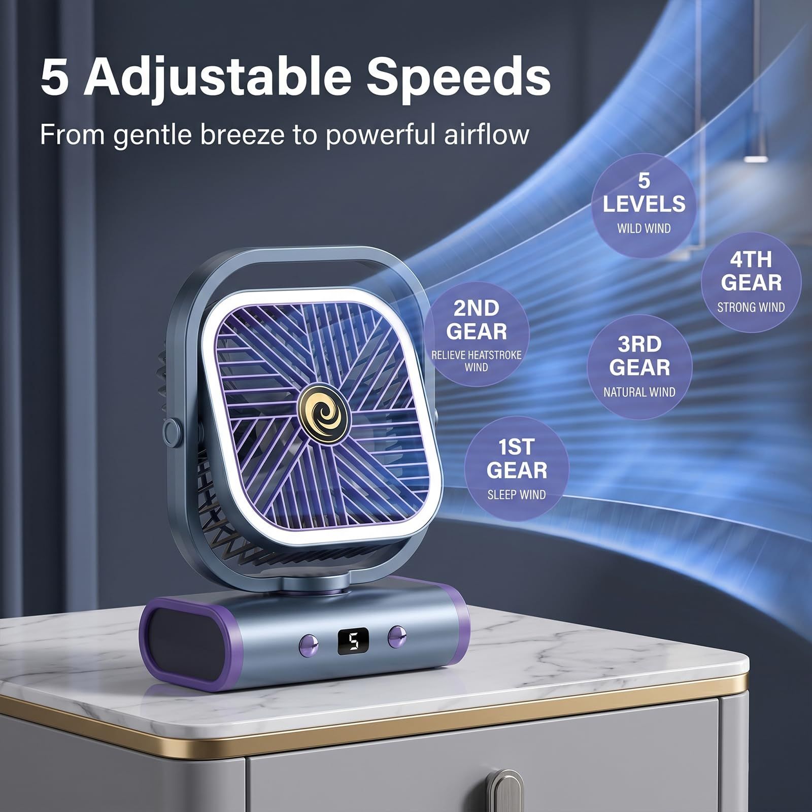 Grey USB Desk Fan, 5 Speeds Quiet Table Fan with 90° Oscillation, Plug-in Small Desktop Fan with Night Light for Bedroom, Home Office - Image 3