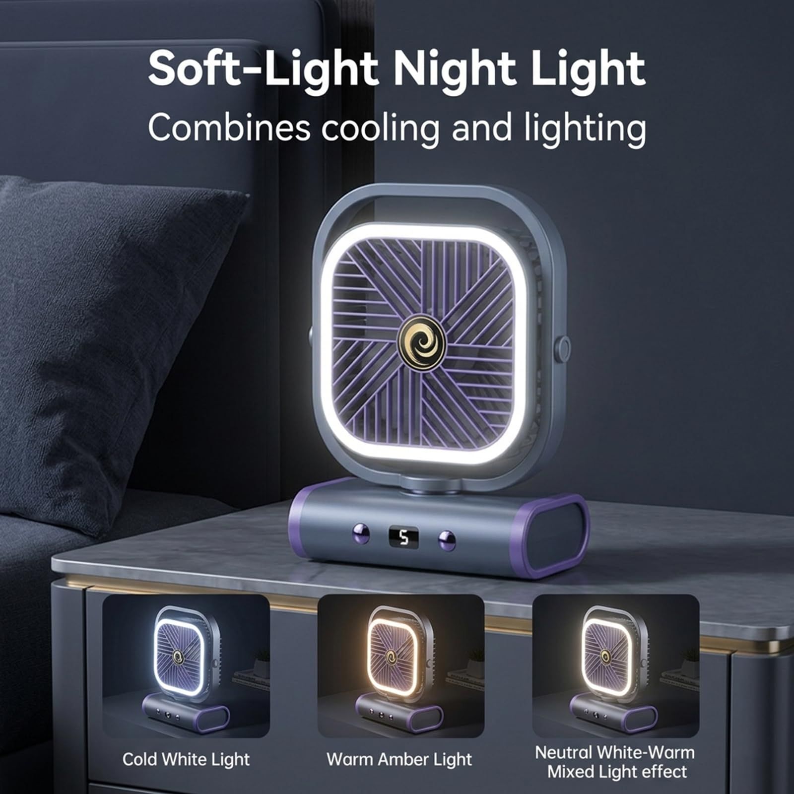 Grey USB Desk Fan, 5 Speeds Quiet Table Fan with 90° Oscillation, Plug-in Small Desktop Fan with Night Light for Bedroom, Home Office - Image 4