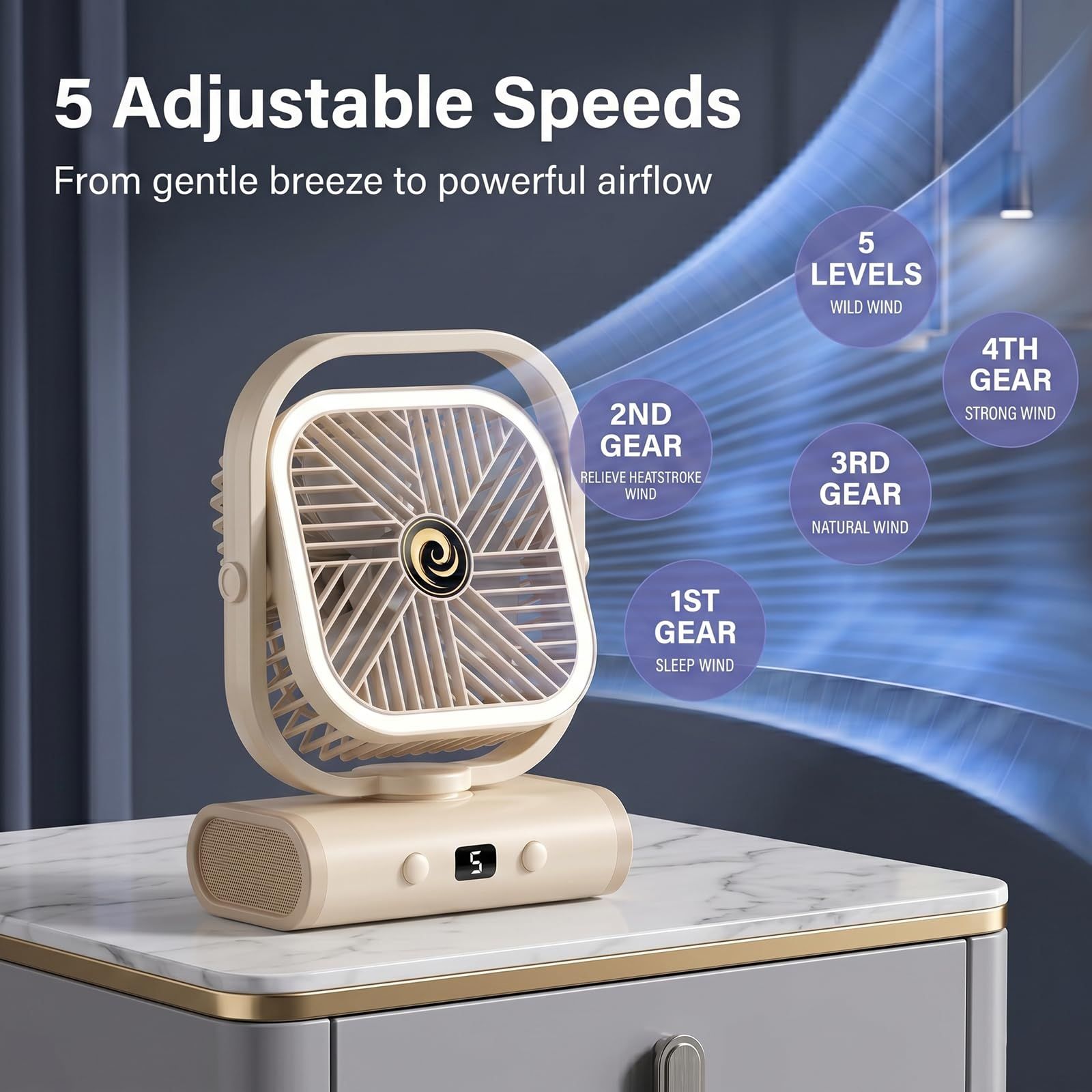 White USB Desk Fan with 2400mAh Rechargeable Battery, 5 Speeds Quiet Table Fan, 90° Oscillation, Small Desktop Fan with Night Light - Image 3