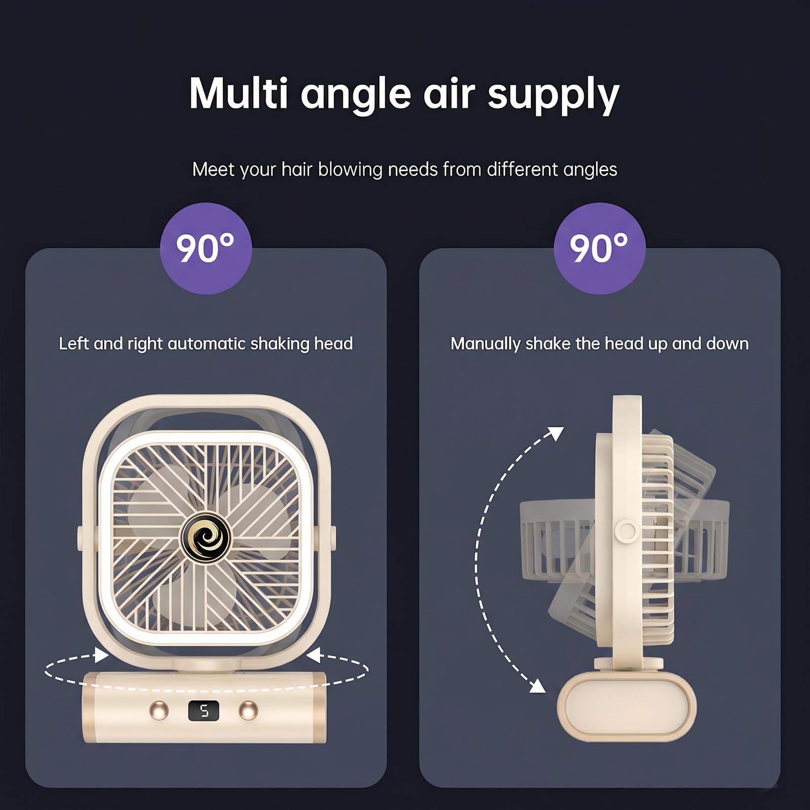 White USB Desk Fan with 2400mAh Rechargeable Battery, 5 Speeds Quiet Table Fan, 90° Oscillation, Small Desktop Fan with Night Light - Image 5