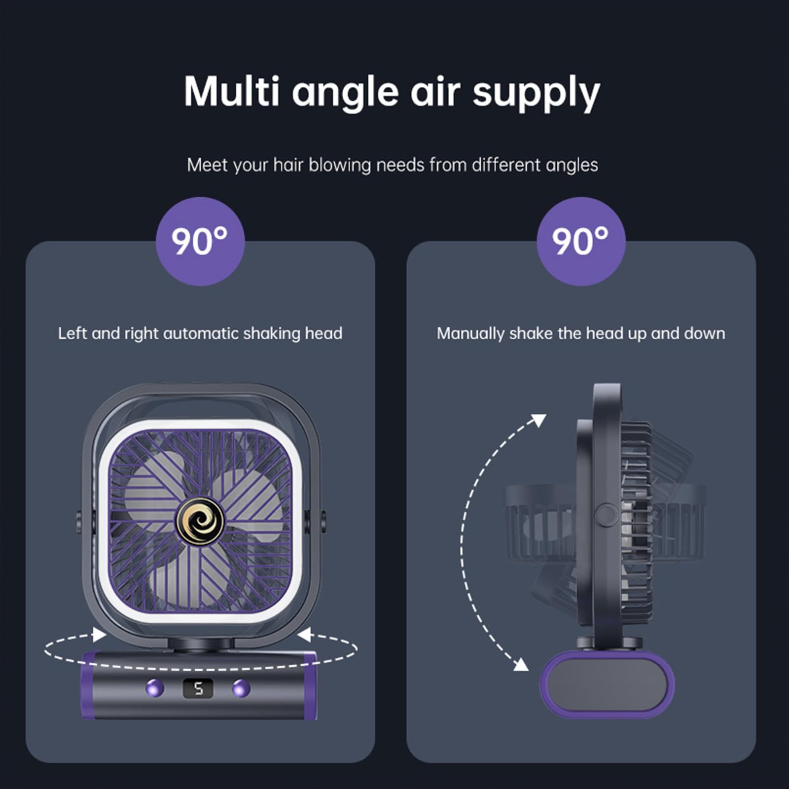 Grey USB Desk Fan with 2400mAh Rechargeable Battery, 5 Speeds Quiet Table Fan, 90° Oscillation, Small Desktop Fan with Night Light - Image 5