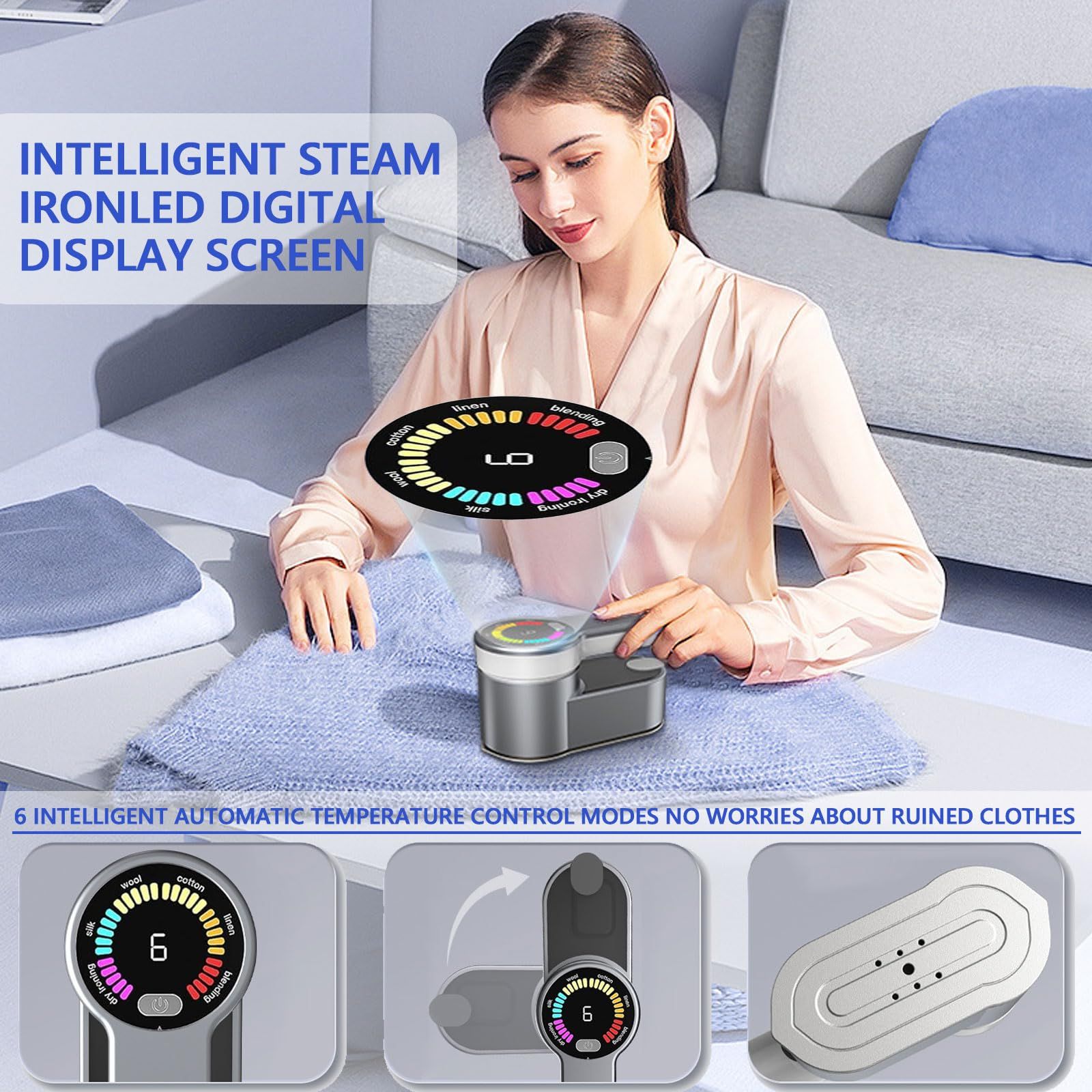 Portable Steamer for Clothes Handheld Steaming Ironing Machine, 6 Gears Adjustable Ironing Steaming Steamer Iron, Color Screen Display Dry Wet 1200W Wrinkle Remover Clothes Iron - Image 2