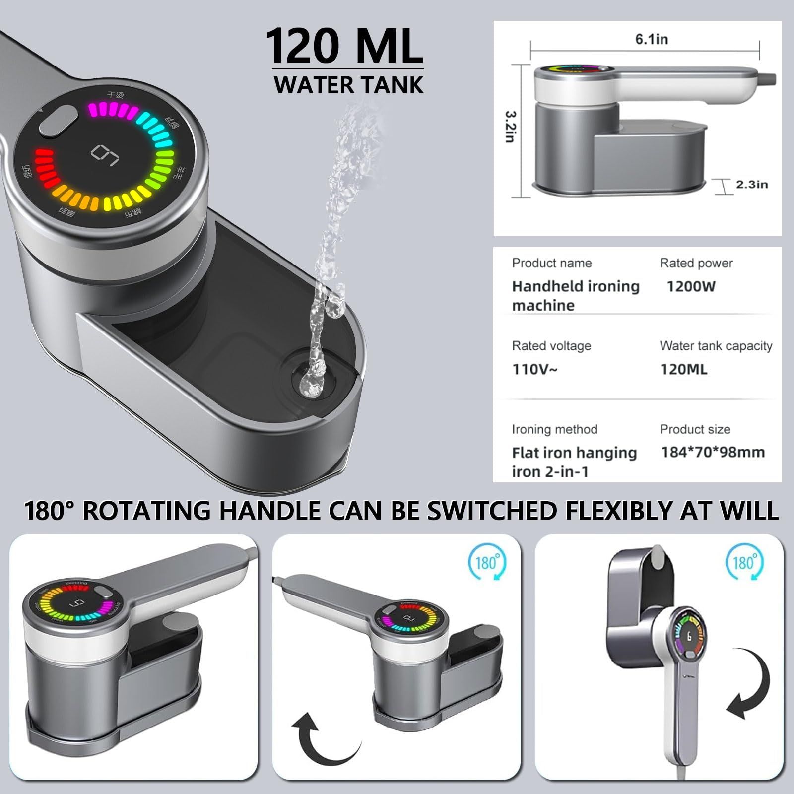 Portable Steamer for Clothes Handheld Steaming Ironing Machine, 6 Gears Adjustable Ironing Steaming Steamer Iron, Color Screen Display Dry Wet 1200W Wrinkle Remover Clothes Iron - Image 3