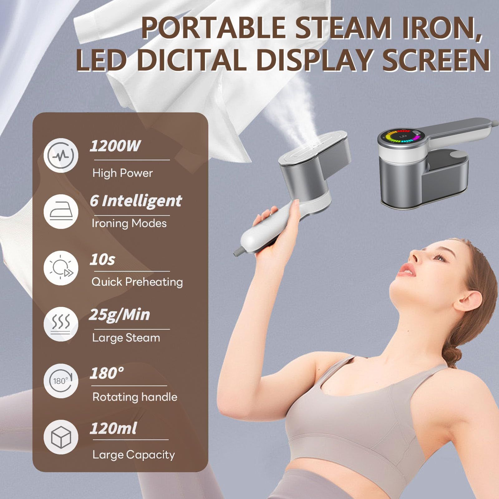 Portable Steamer for Clothes Handheld Steaming Ironing Machine, 6 Gears Adjustable Ironing Steaming Steamer Iron, Color Screen Display Dry Wet 1200W Wrinkle Remover Clothes Iron - Image 5