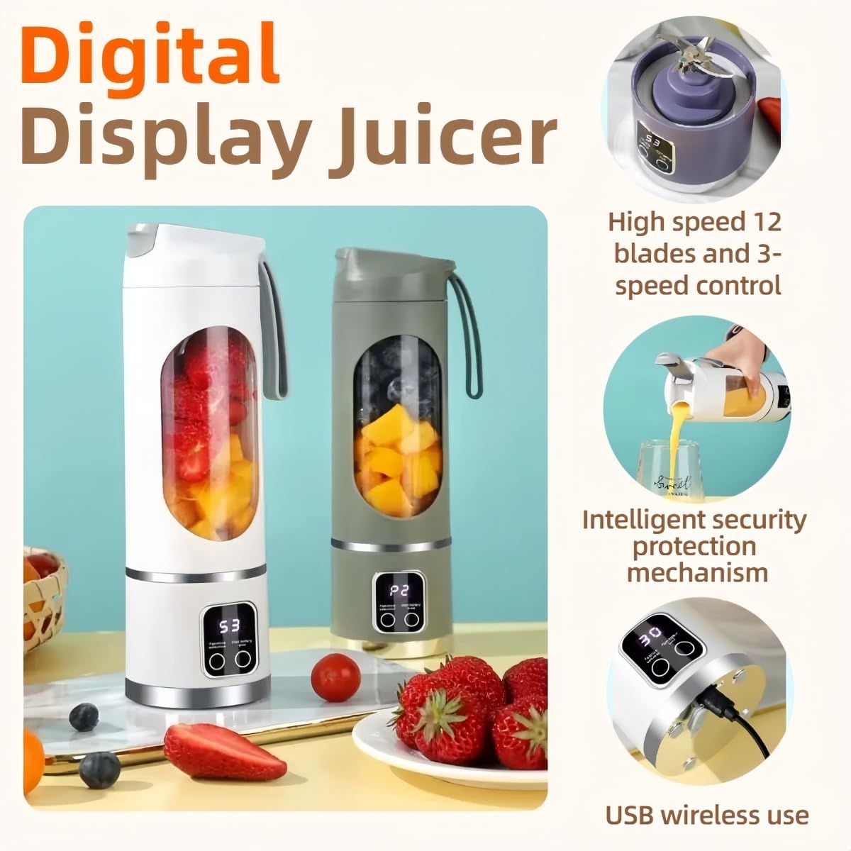 Digital Display Juicer-Smart LED Display, Diet-Friendly Portable Multimode Blender Personal Electric USB 500ML Portable juicer Shakes and Smoothies Blender Small Blenders Mixing,White - Image 3