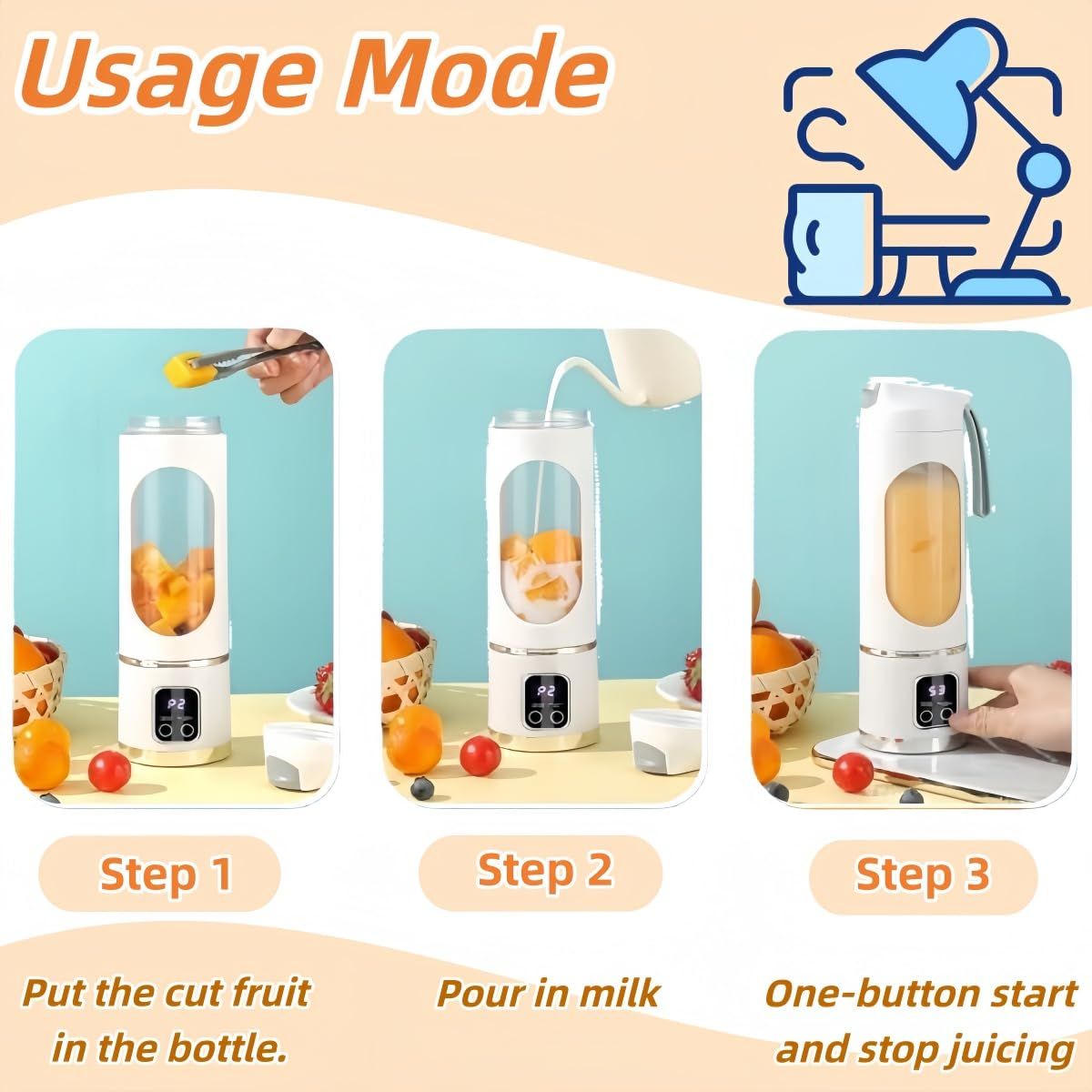 Digital Display Juicer-Smart LED Display, Diet-Friendly Portable Multimode Blender Personal Electric USB 500ML Portable juicer Shakes and Smoothies Blender Small Blenders Mixing,White - Image 6