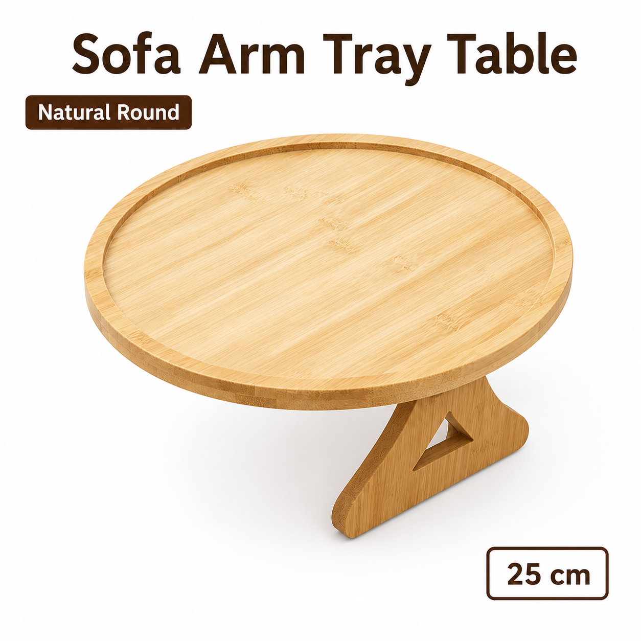 Bamboo Sofa Arm Tray Table, Clip-On Couch Armrest Table for Recliners and Armchairs, TV Dinner, Drink, Snack and Remote Holder, Natural Round, 9.8 Inch - Image 1