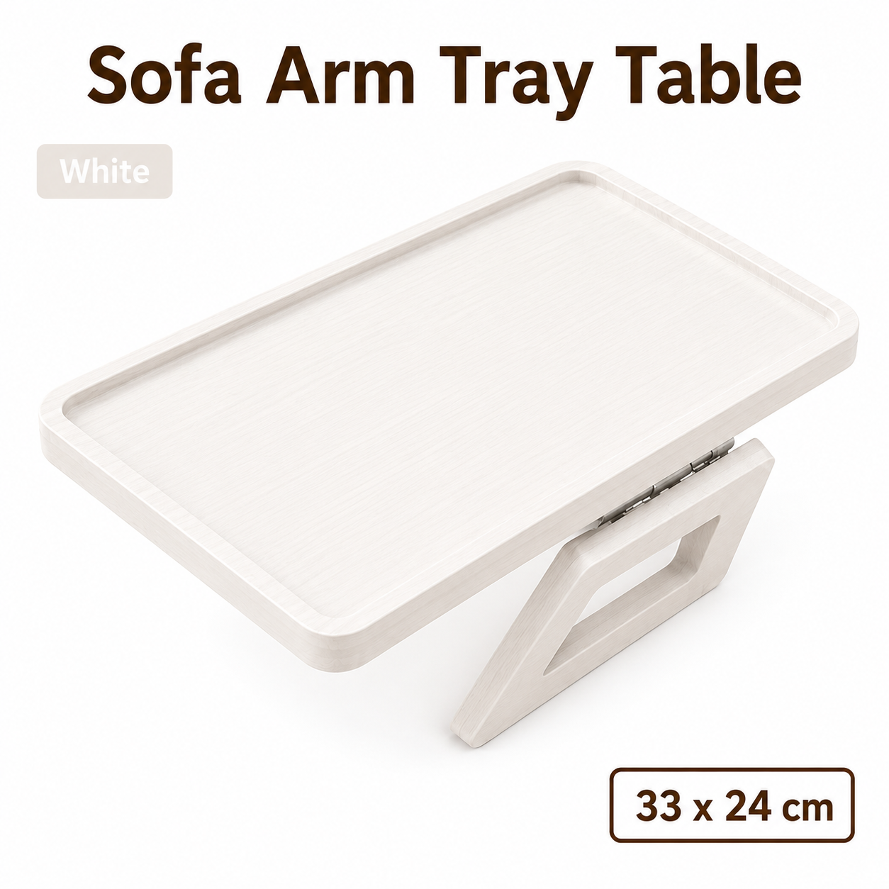 Bamboo Sofa Arm Tray Table, Clip-On Couch Armrest Table for Recliners and Armchairs, TV Dinner, Drink, Snack and Remote Holder, White Rectangular, 13 x 9.4 Inch - Image 1