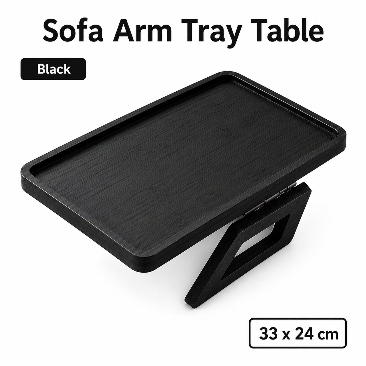 Bamboo Sofa Arm Tray Table, Clip-On Couch Armrest Table for Recliners and Armchairs, TV Dinner, Drink, Snack and Remote Holder, Black Rectangular, 13 x 9.4 Inch - Image 1