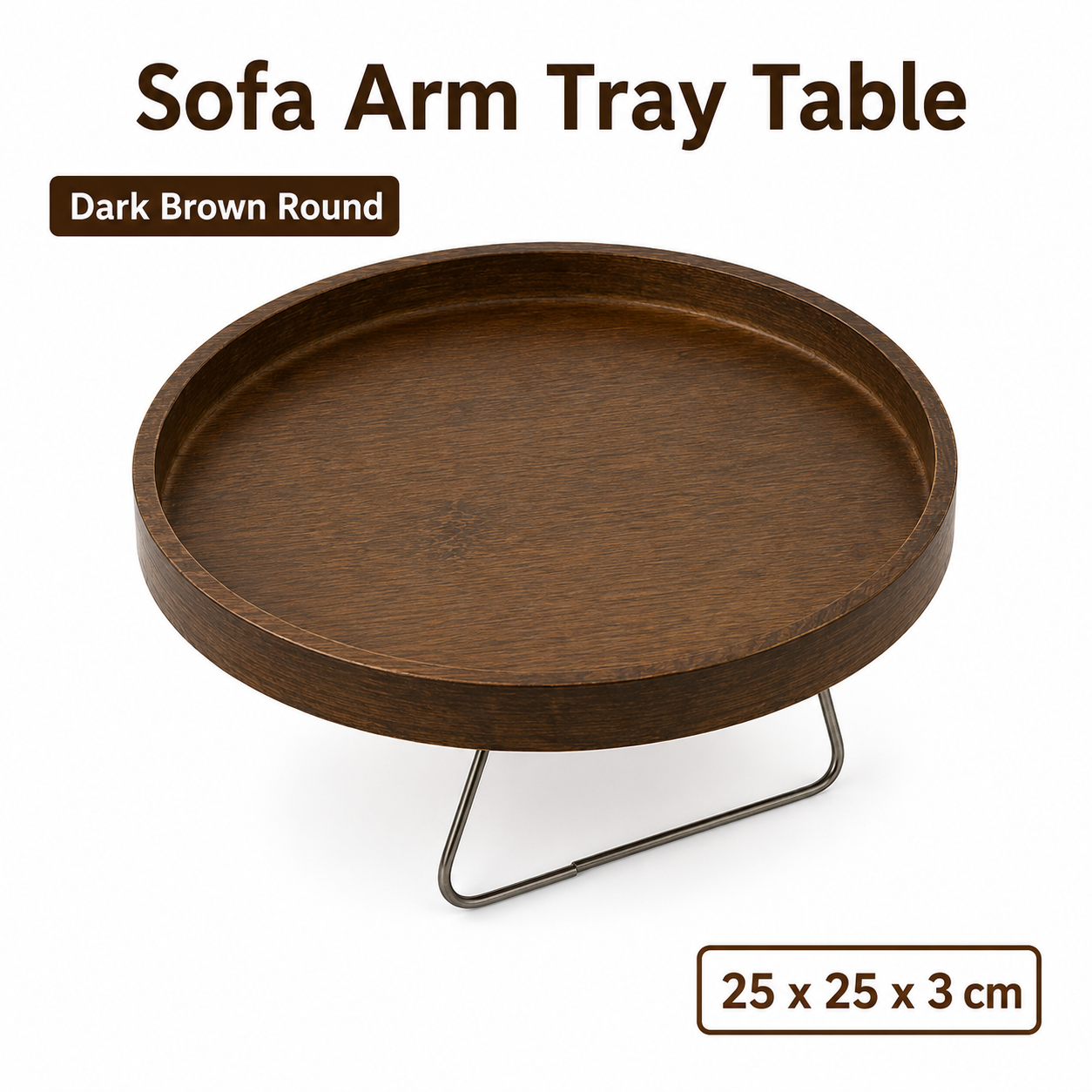 Bamboo Sofa Arm Tray Table for Couch Armrests, Space-Saving TV Dinner, Drink, Snack and Remote Holder, Dark Brown Round, 9.8 x 1.2 Inch - Image 1