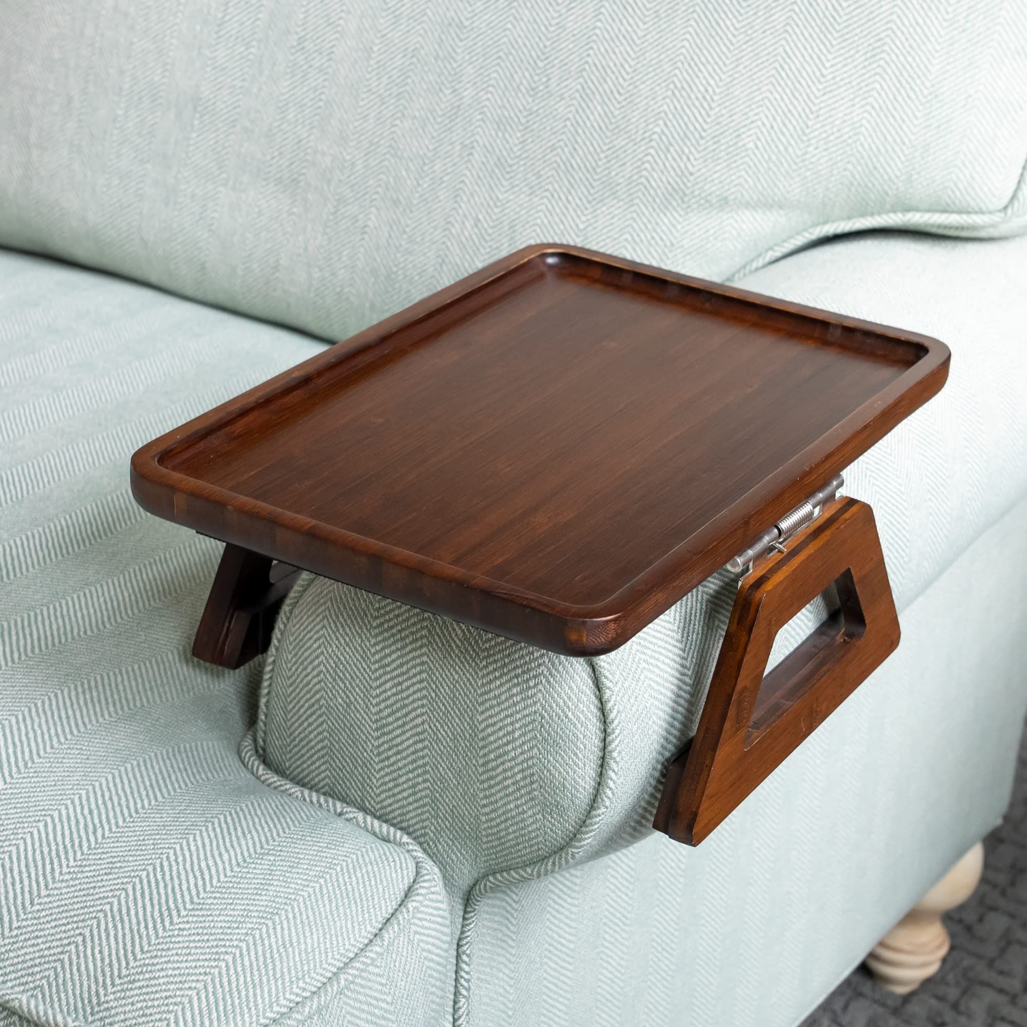 Bamboo Sofa Arm Tray Table for Couch Armrests, Space-Saving TV Dinner, Drink, Snack and Remote Holder, Dark Brown Round, 9.8 x 1.2 Inch - Image 2