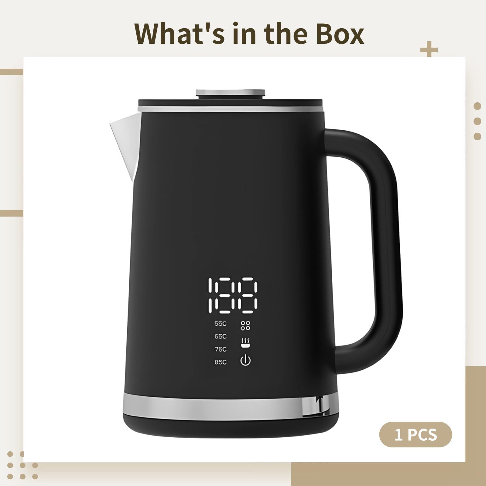 Black electric kettle, 1.7L stainless steel kettle, 1500W rapid heating, with LED display, adjustable temperature, double-walled anti-scalding design, automatic power-off. - Image 2
