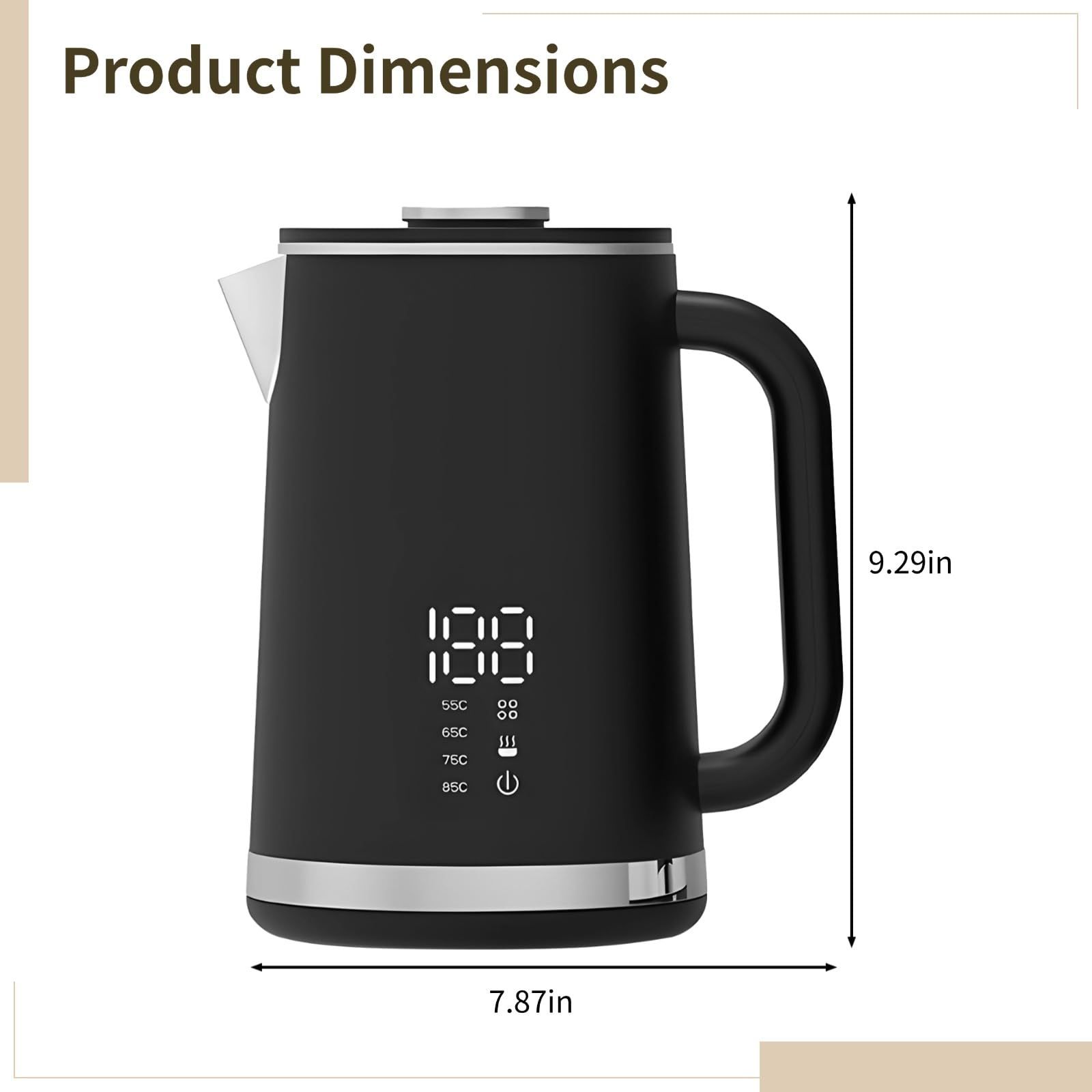 Black electric kettle, 1.7L stainless steel kettle, 1500W rapid heating, with LED display, adjustable temperature, double-walled anti-scalding design, automatic power-off. - Image 3
