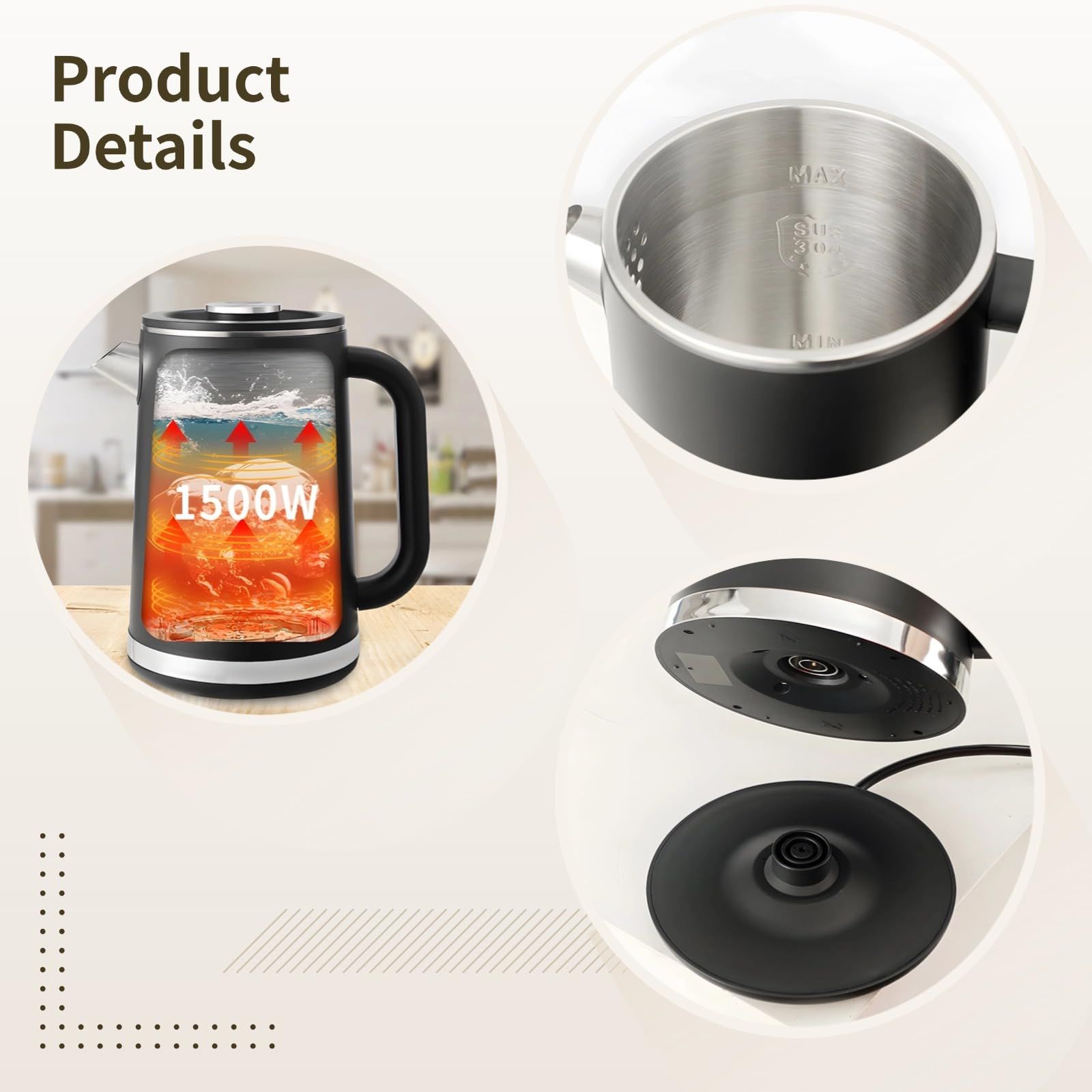 Black electric kettle, 1.7L stainless steel kettle, 1500W rapid heating, with LED display, adjustable temperature, double-walled anti-scalding design, automatic power-off. - Image 4