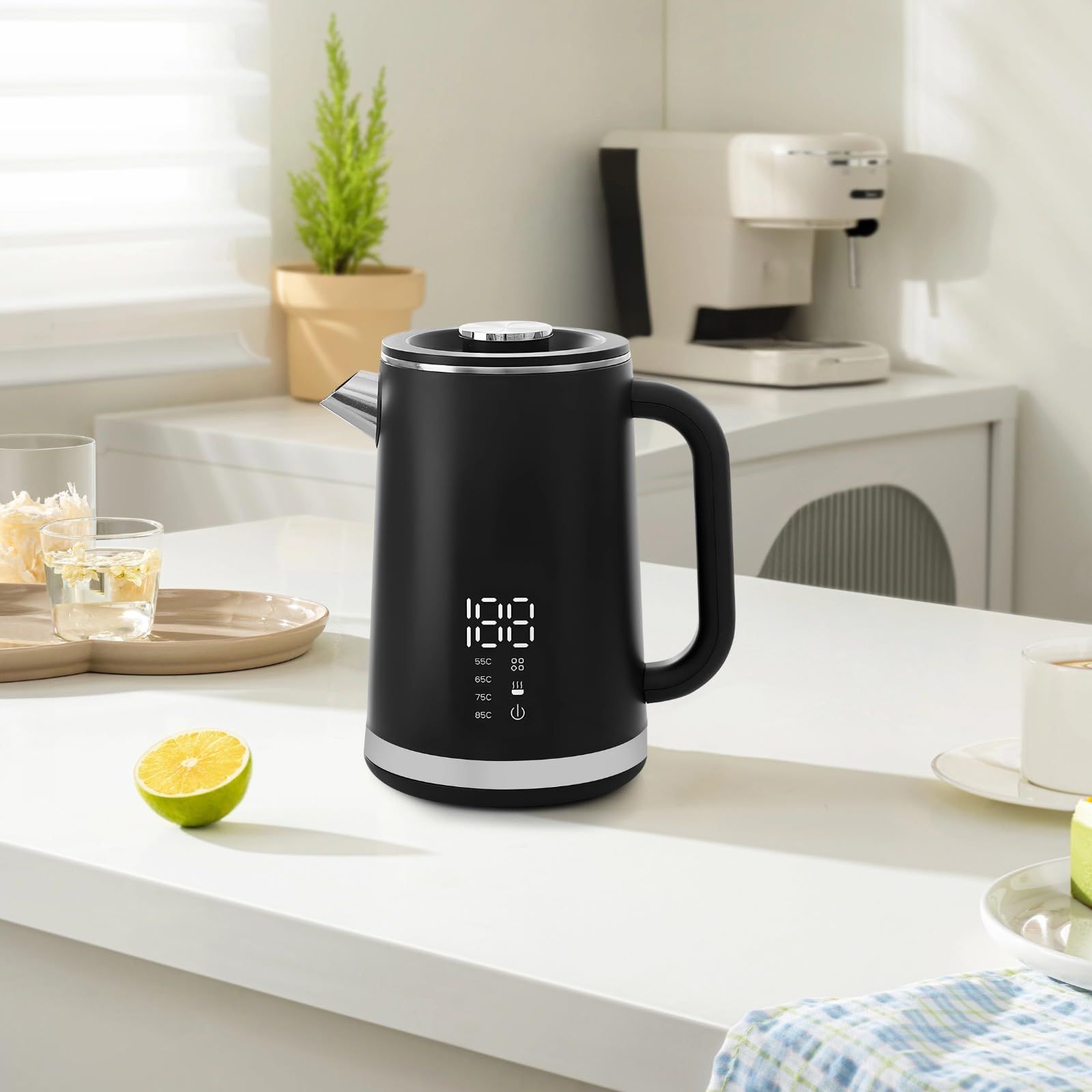 Black electric kettle, 1.7L stainless steel kettle, 1500W rapid heating, with LED display, adjustable temperature, double-walled anti-scalding design, automatic power-off. - Image 5