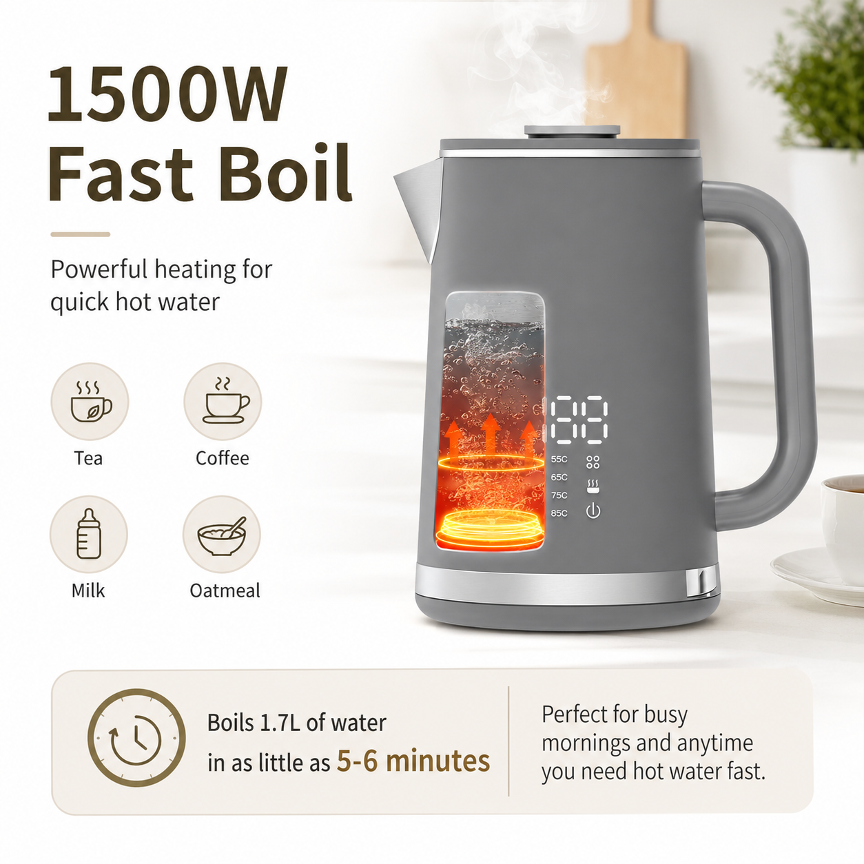 Gray electric kettle, 1.7L stainless steel kettle, 1500W rapid heating, with LED display, adjustable temperature, double-walled anti-scalding design, automatic power-off function, black. - Image 2