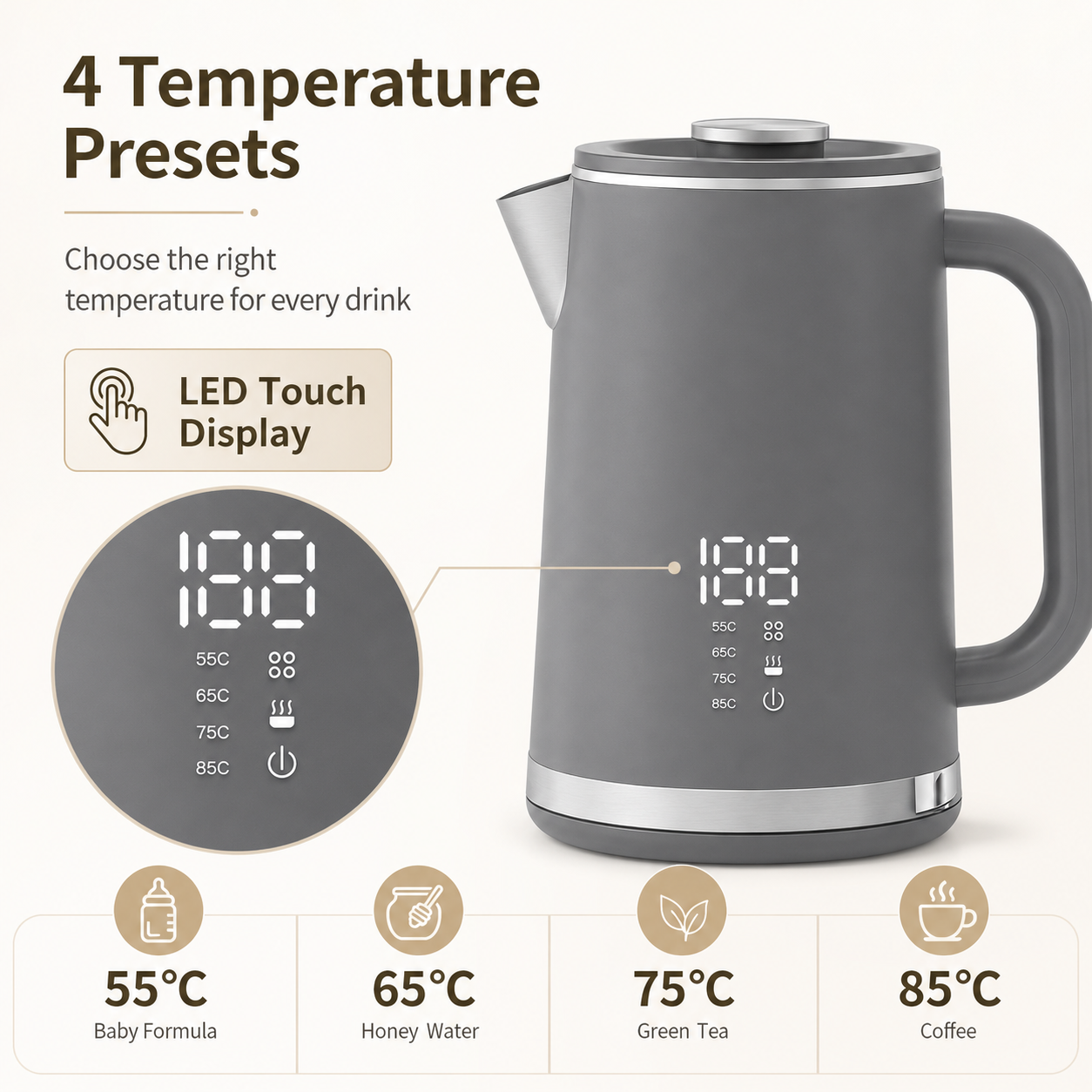 Gray electric kettle, 1.7L stainless steel kettle, 1500W rapid heating, with LED display, adjustable temperature, double-walled anti-scalding design, automatic power-off function, black. - Image 3