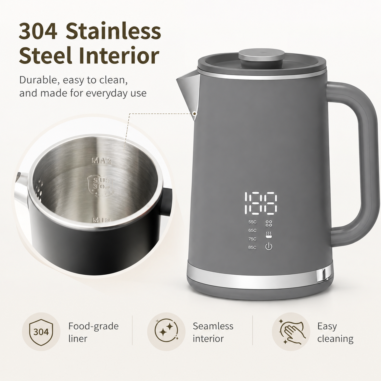 Gray electric kettle, 1.7L stainless steel kettle, 1500W rapid heating, with LED display, adjustable temperature, double-walled anti-scalding design, automatic power-off function, black. - Image 4