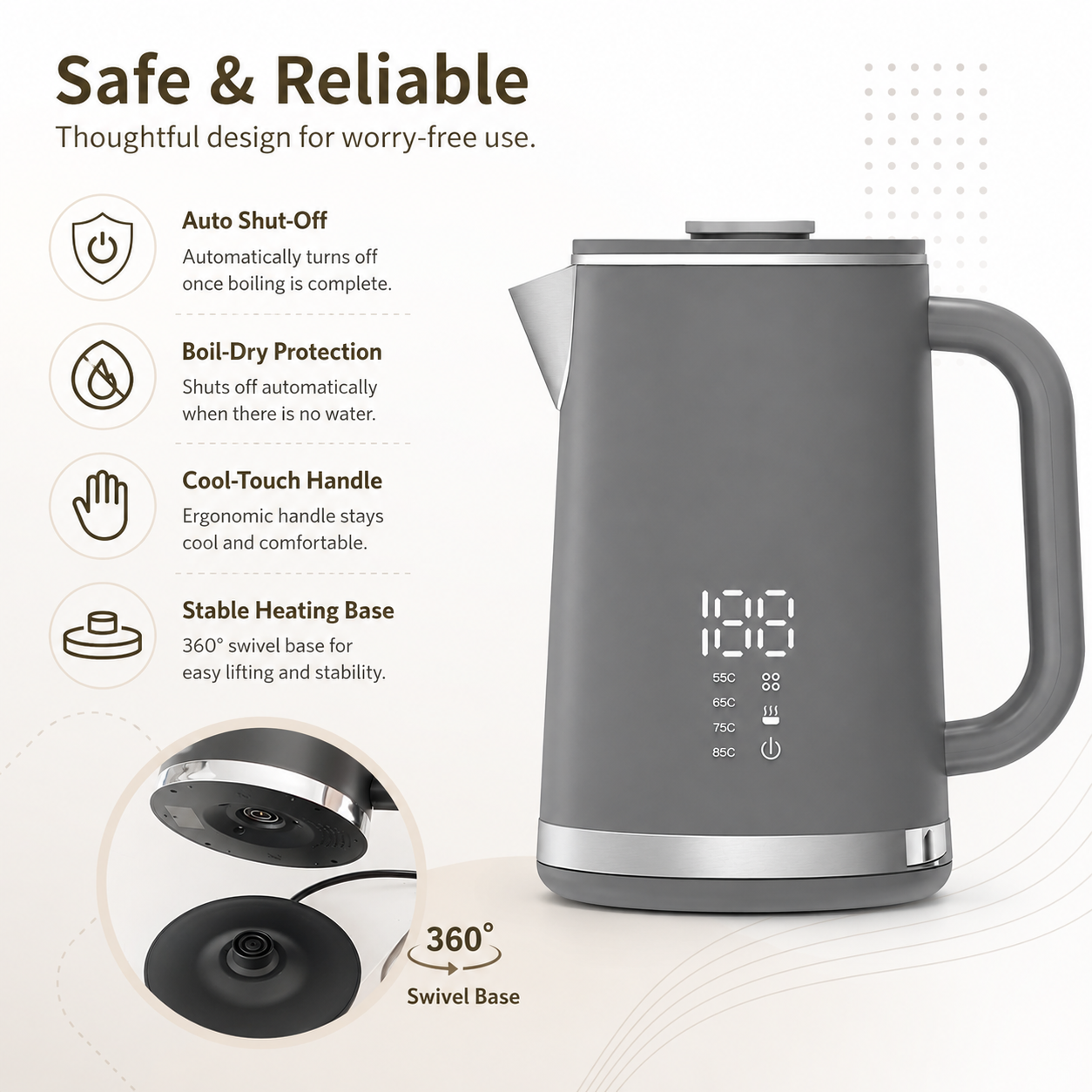 Gray electric kettle, 1.7L stainless steel kettle, 1500W rapid heating, with LED display, adjustable temperature, double-walled anti-scalding design, automatic power-off function, black. - Image 5