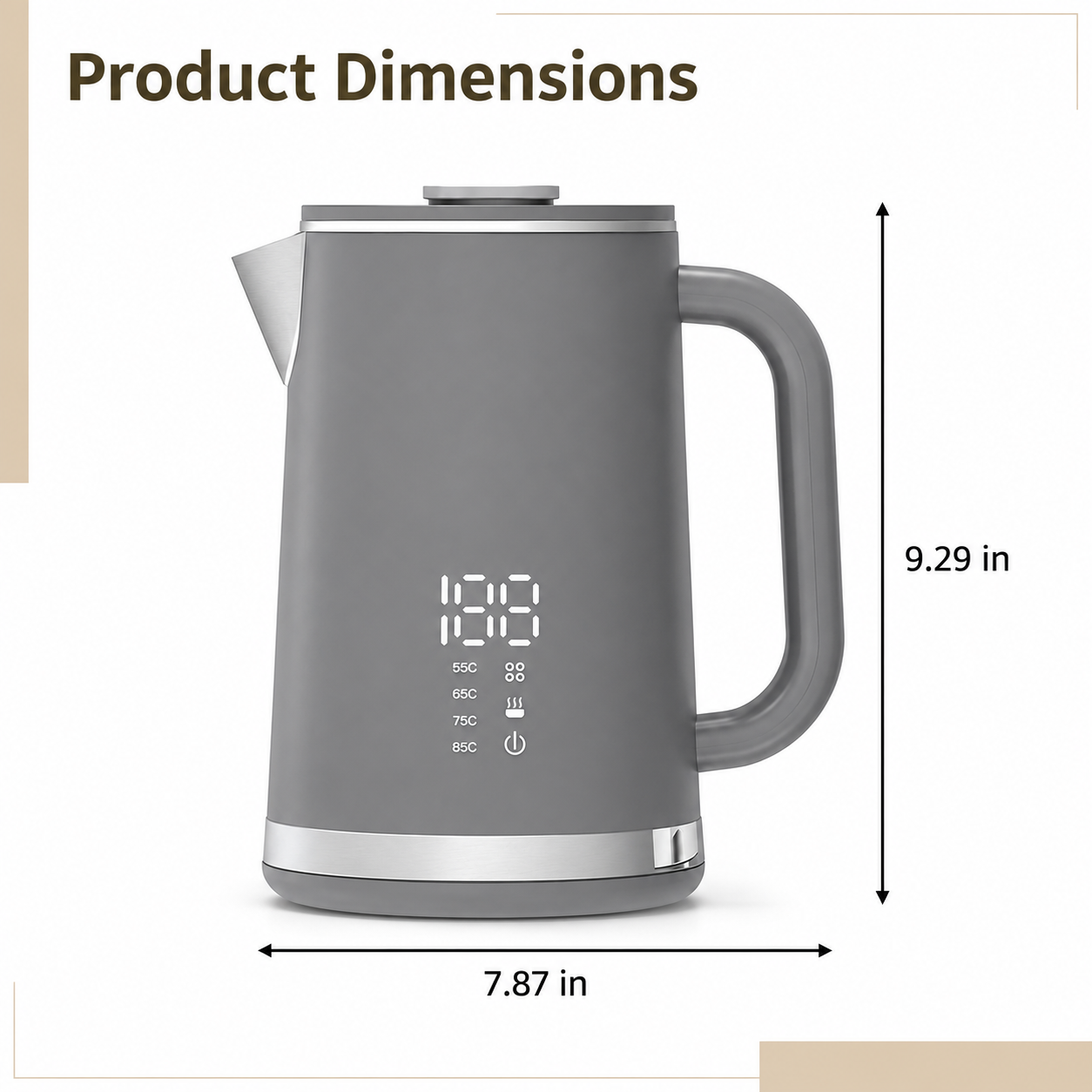 Gray electric kettle, 1.7L stainless steel kettle, 1500W rapid heating, with LED display, adjustable temperature, double-walled anti-scalding design, automatic power-off function, black. - Image 6