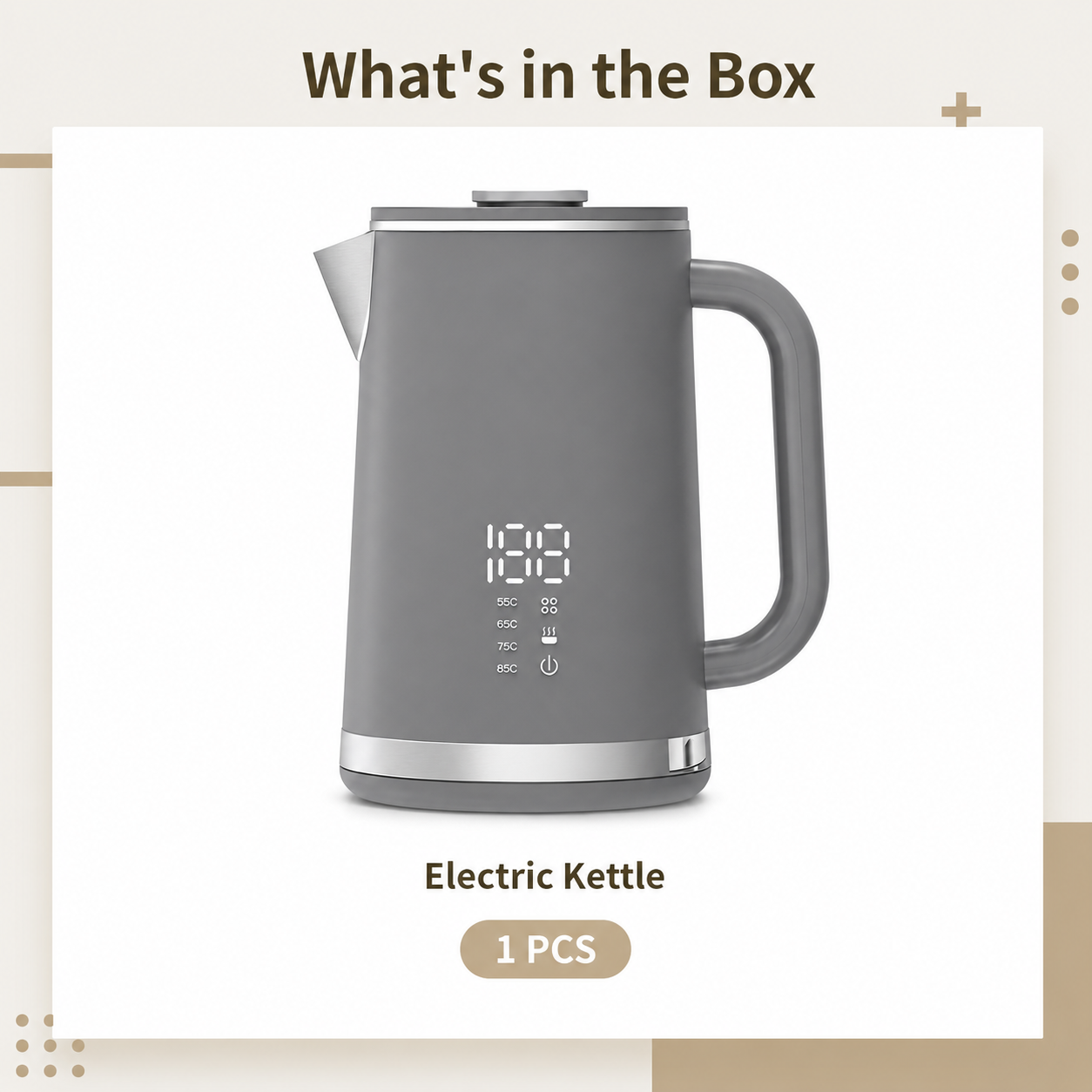 Gray electric kettle, 1.7L stainless steel kettle, 1500W rapid heating, with LED display, adjustable temperature, double-walled anti-scalding design, automatic power-off function, black. - Image 7