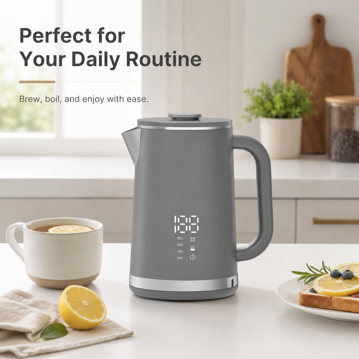 Gray electric kettle, 1.7L stainless steel kettle, 1500W rapid heating, with LED display, adjustable temperature, double-walled anti-scalding design, automatic power-off function, black. - Image 8