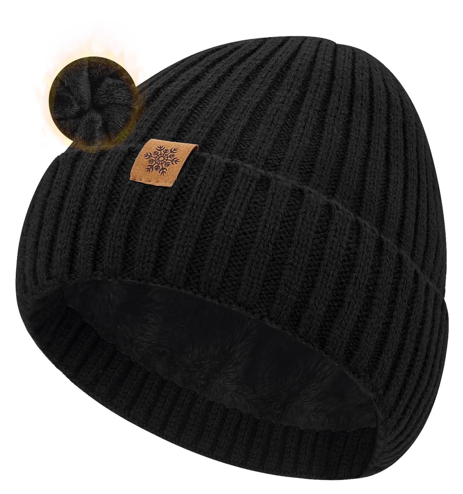 Unisex black warm knitted winter hat, fleece lining, soft and warm, ski hat, narrow brim, suitable for cold weather. - Image 1