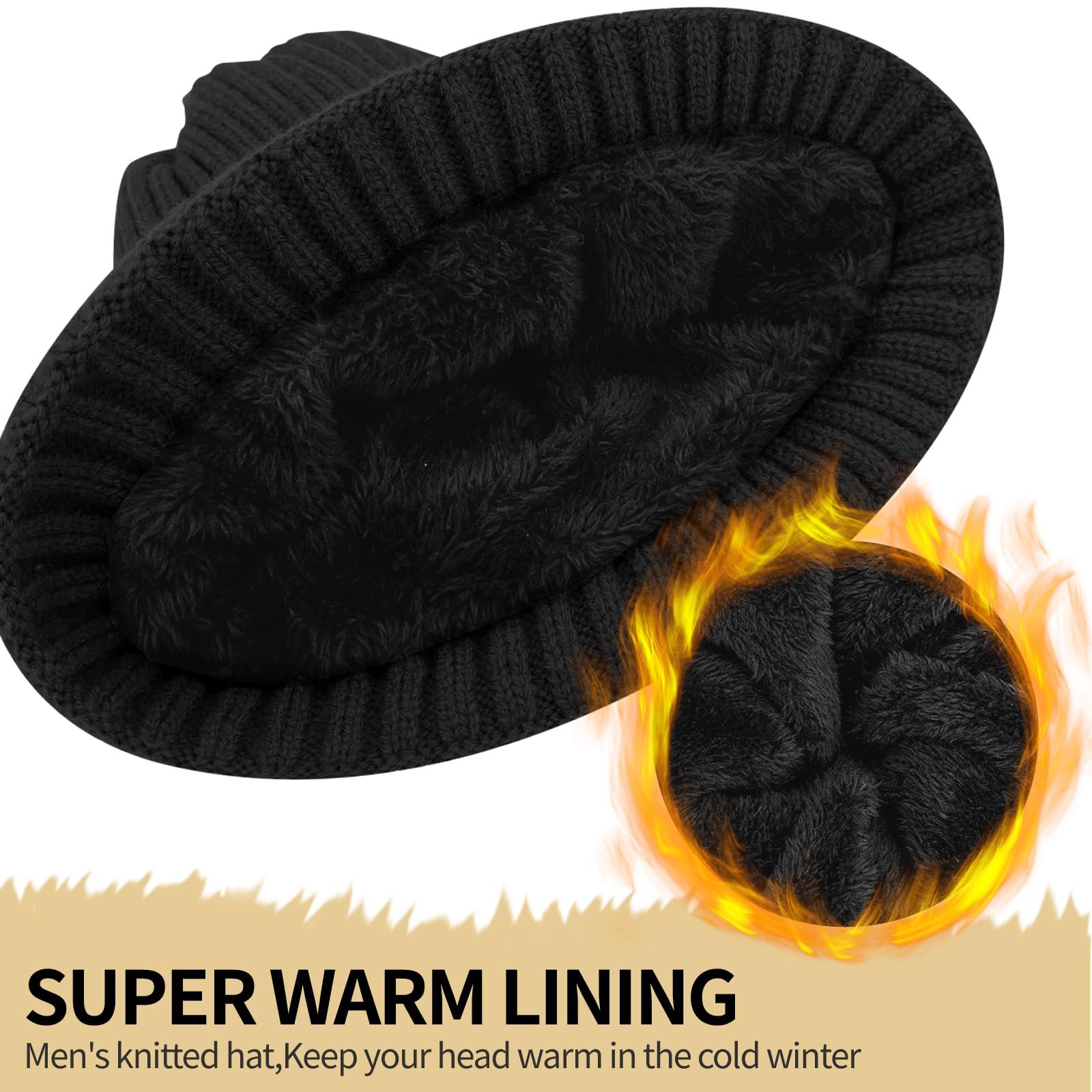 Unisex black warm knitted winter hat, fleece lining, soft and warm, ski hat, narrow brim, suitable for cold weather. - Image 2