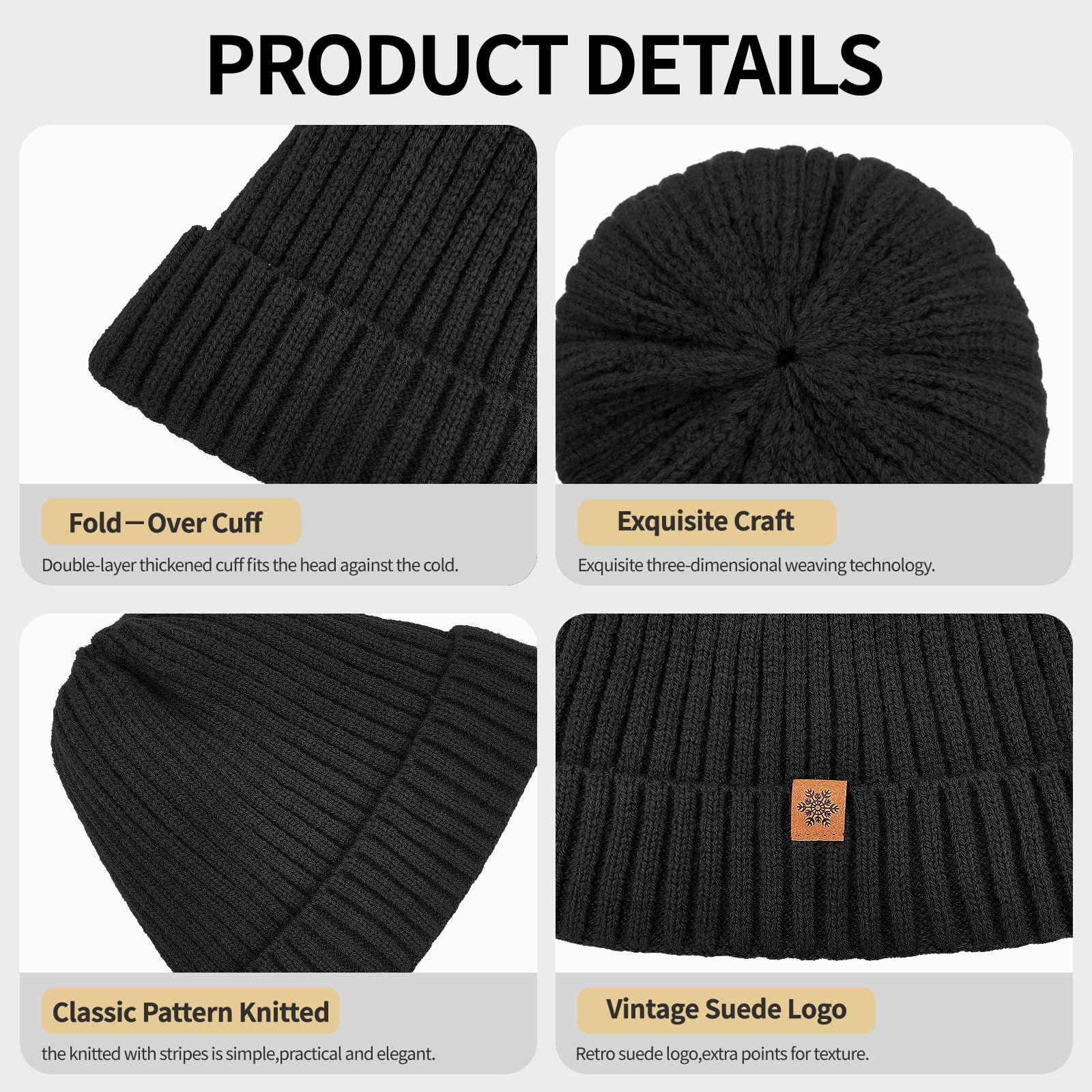 Unisex black warm knitted winter hat, fleece lining, soft and warm, ski hat, narrow brim, suitable for cold weather. - Image 3