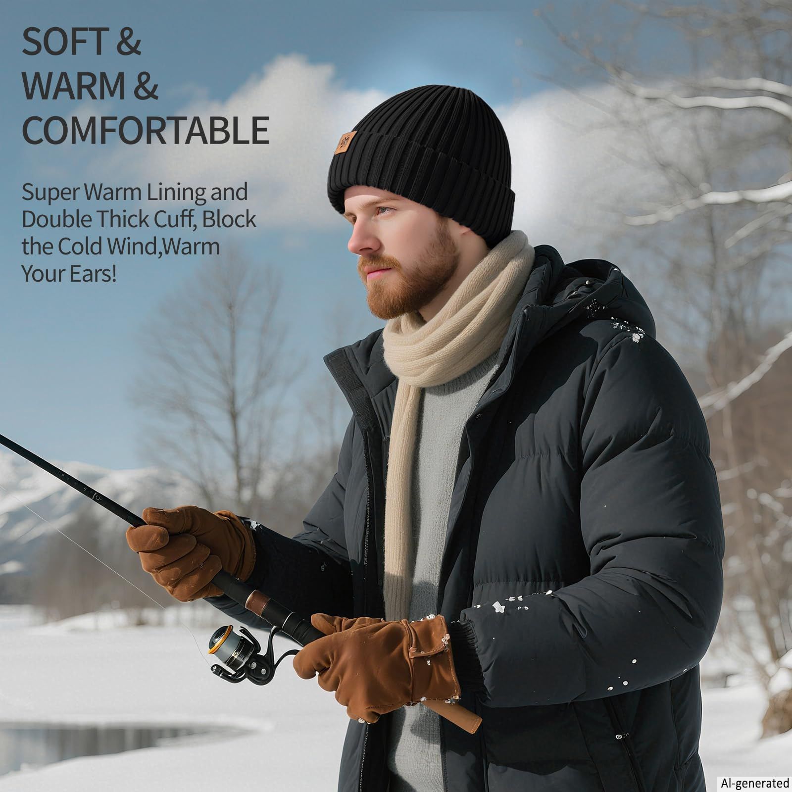 Unisex black warm knitted winter hat, fleece lining, soft and warm, ski hat, narrow brim, suitable for cold weather. - Image 5