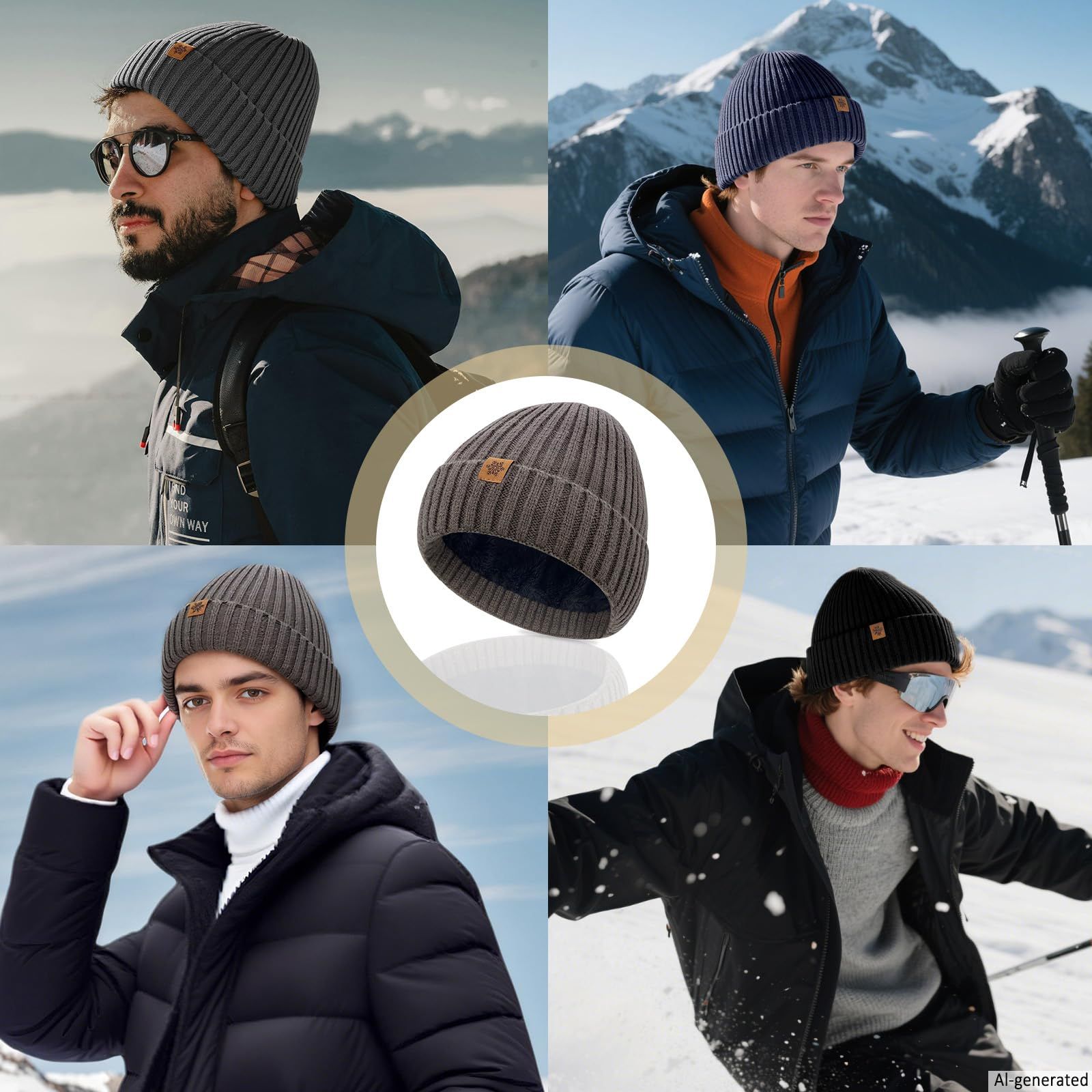 Unisex black warm knitted winter hat, fleece lining, soft and warm, ski hat, narrow brim, suitable for cold weather. - Image 6