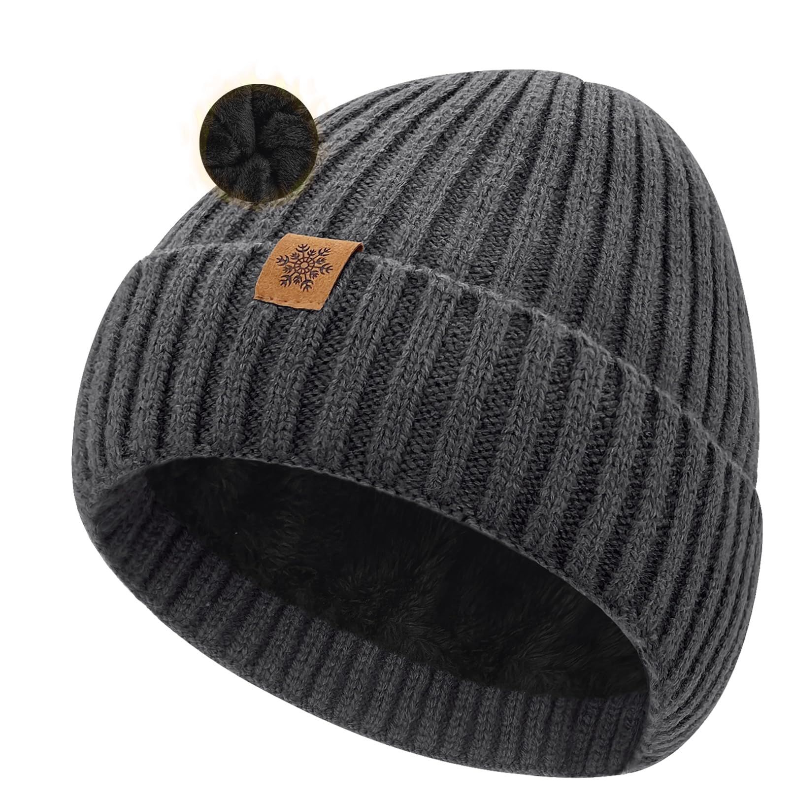 Unisex dark gray warm knitted winter hat, fleece lining, soft and warm, ski hat, narrow brim, suitable for cold weather. - Image 1