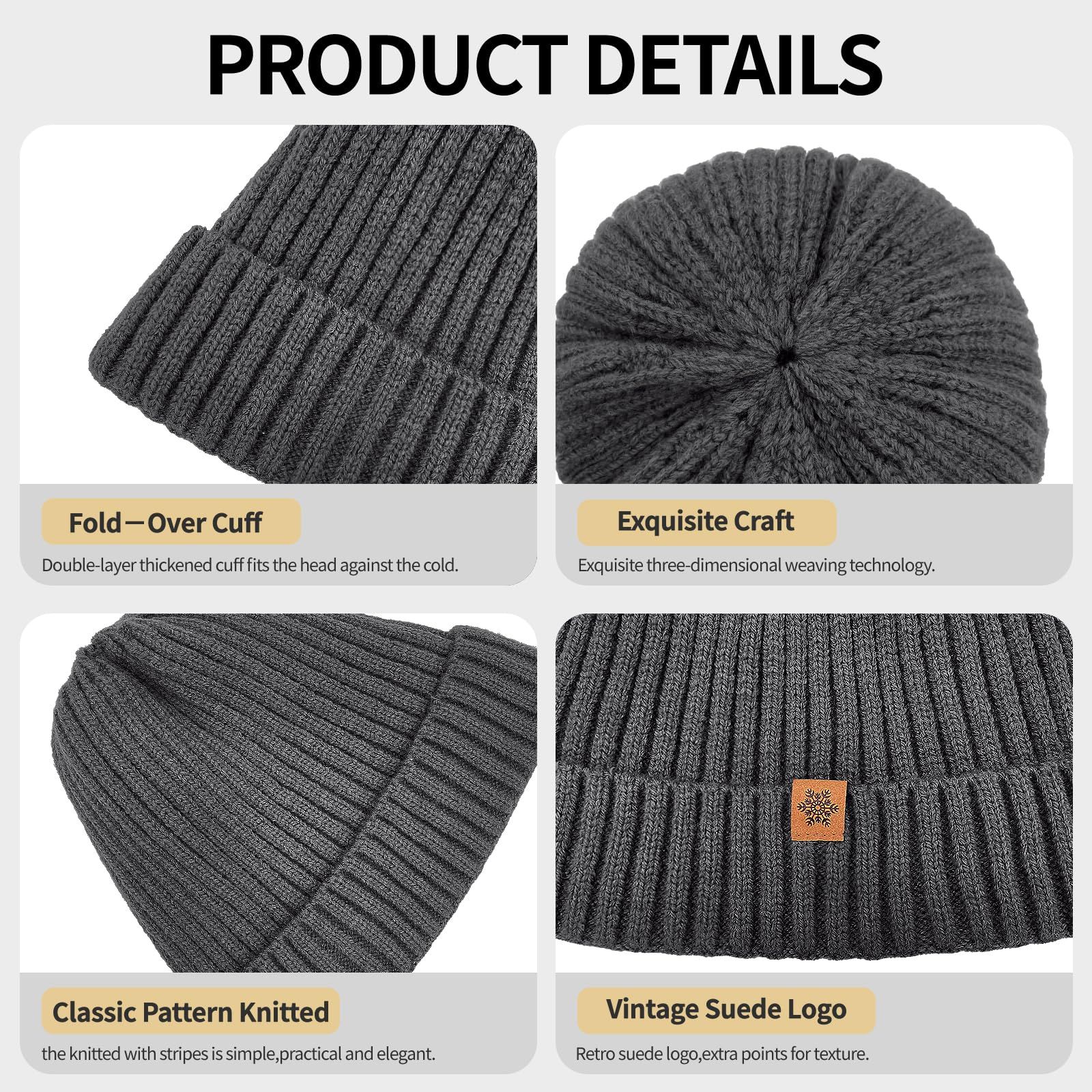 Unisex dark gray warm knitted winter hat, fleece lining, soft and warm, ski hat, narrow brim, suitable for cold weather. - Image 3