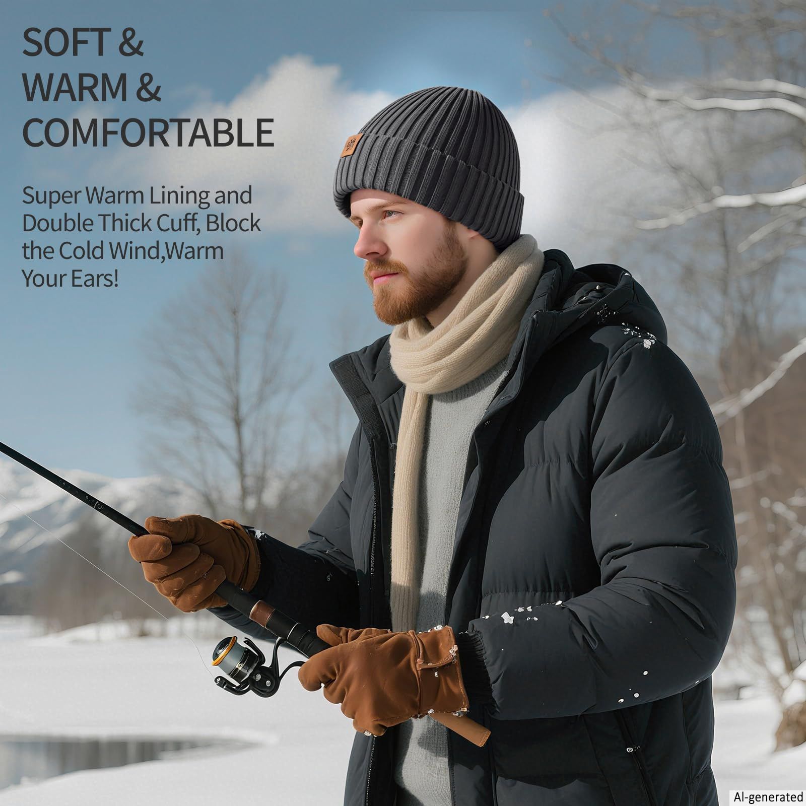 Unisex dark gray warm knitted winter hat, fleece lining, soft and warm, ski hat, narrow brim, suitable for cold weather. - Image 5
