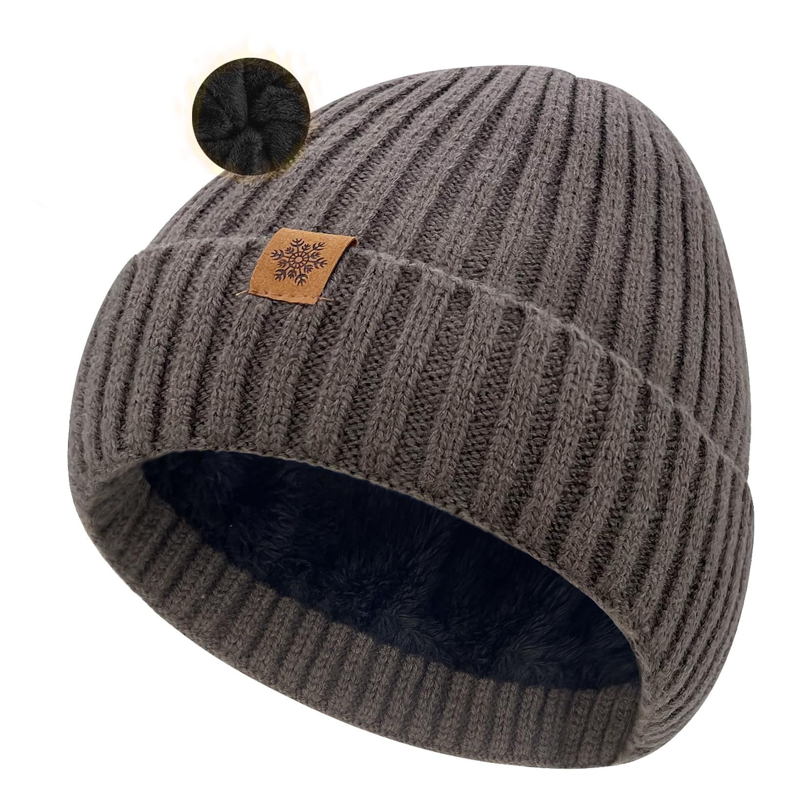 Unisex brown warm knitted winter hat, fleece lining, soft and warm, ski hat, narrow brim, suitable for cold weather. - Image 1