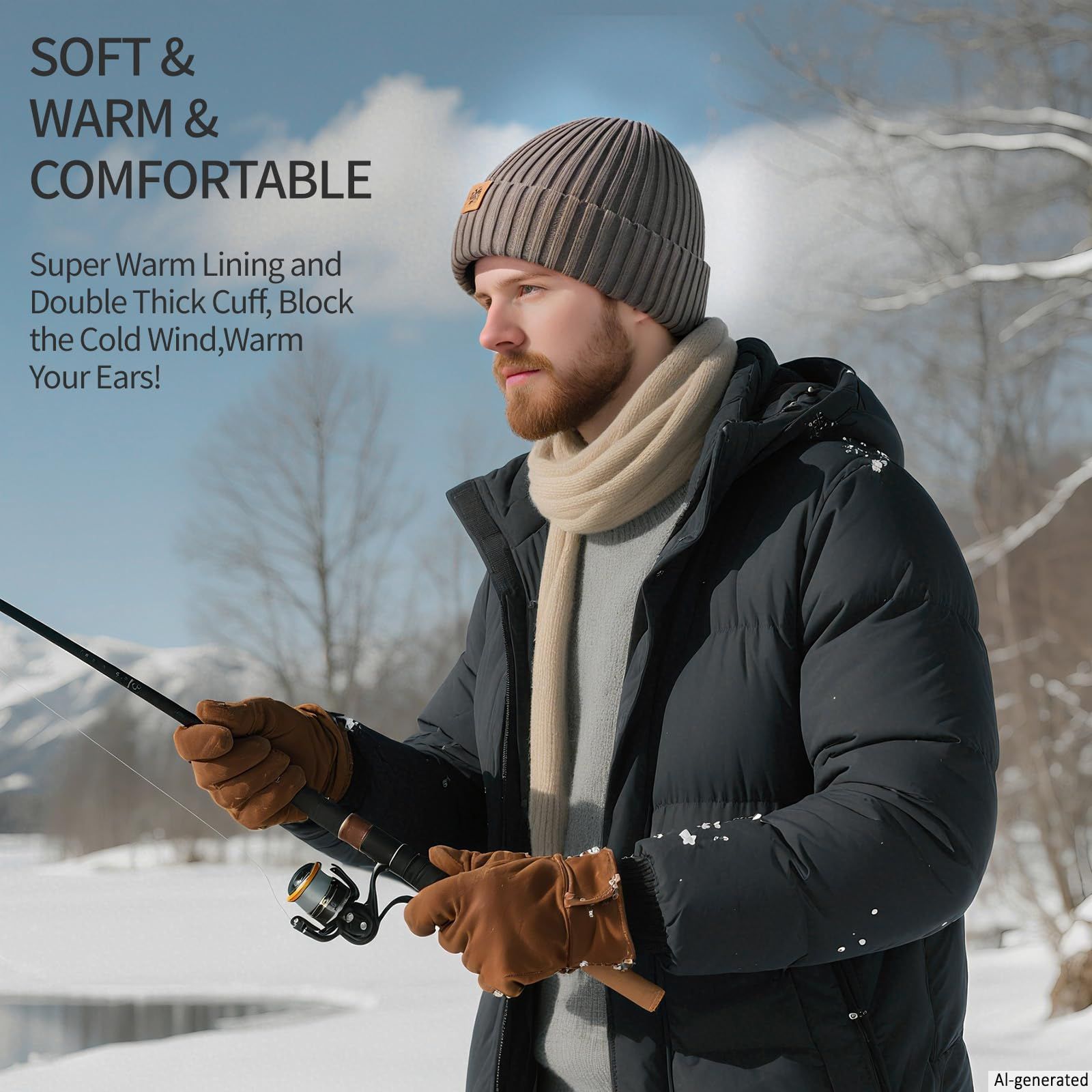 Unisex brown warm knitted winter hat, fleece lining, soft and warm, ski hat, narrow brim, suitable for cold weather. - Image 5