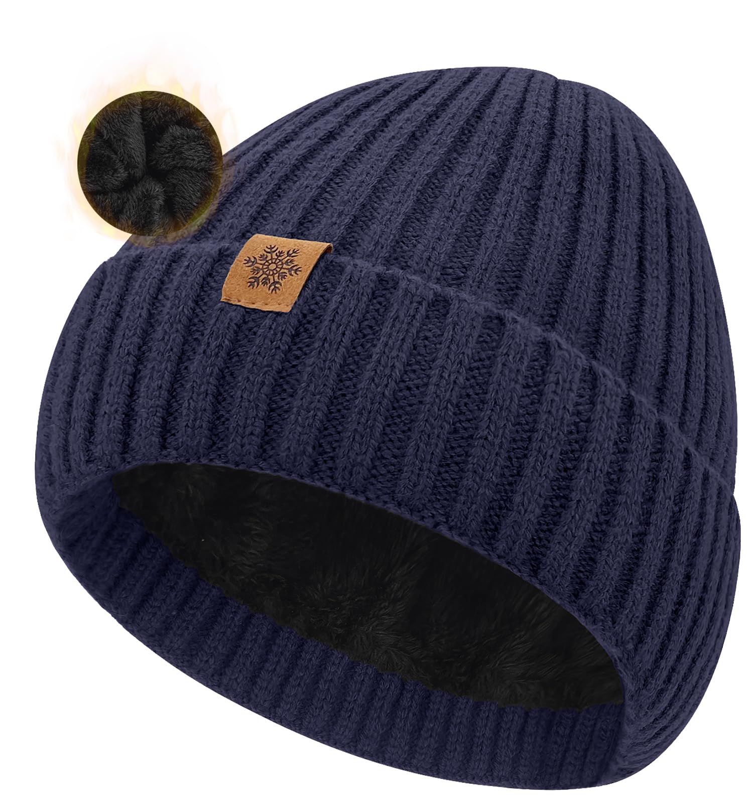 Unisex navy blue warm knitted winter hat, fleece lining, soft and warm, ski hat, narrow brim, suitable for cold weather. - Image 1