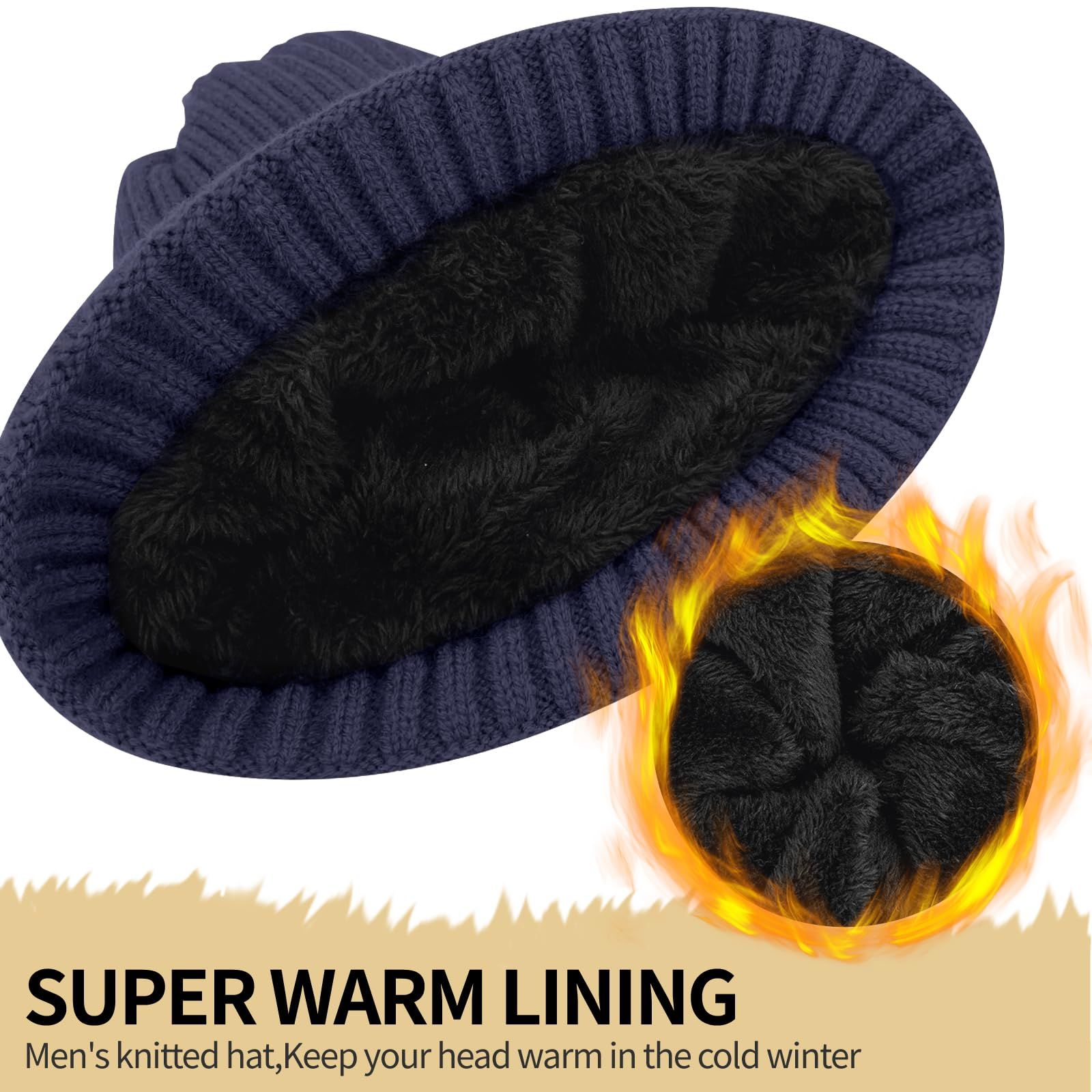 Unisex navy blue warm knitted winter hat, fleece lining, soft and warm, ski hat, narrow brim, suitable for cold weather. - Image 2