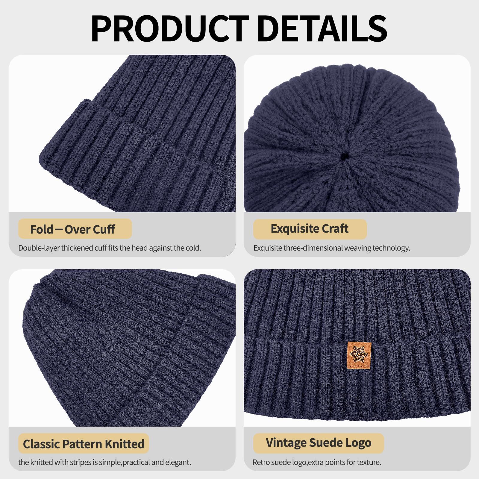 Unisex navy blue warm knitted winter hat, fleece lining, soft and warm, ski hat, narrow brim, suitable for cold weather. - Image 3