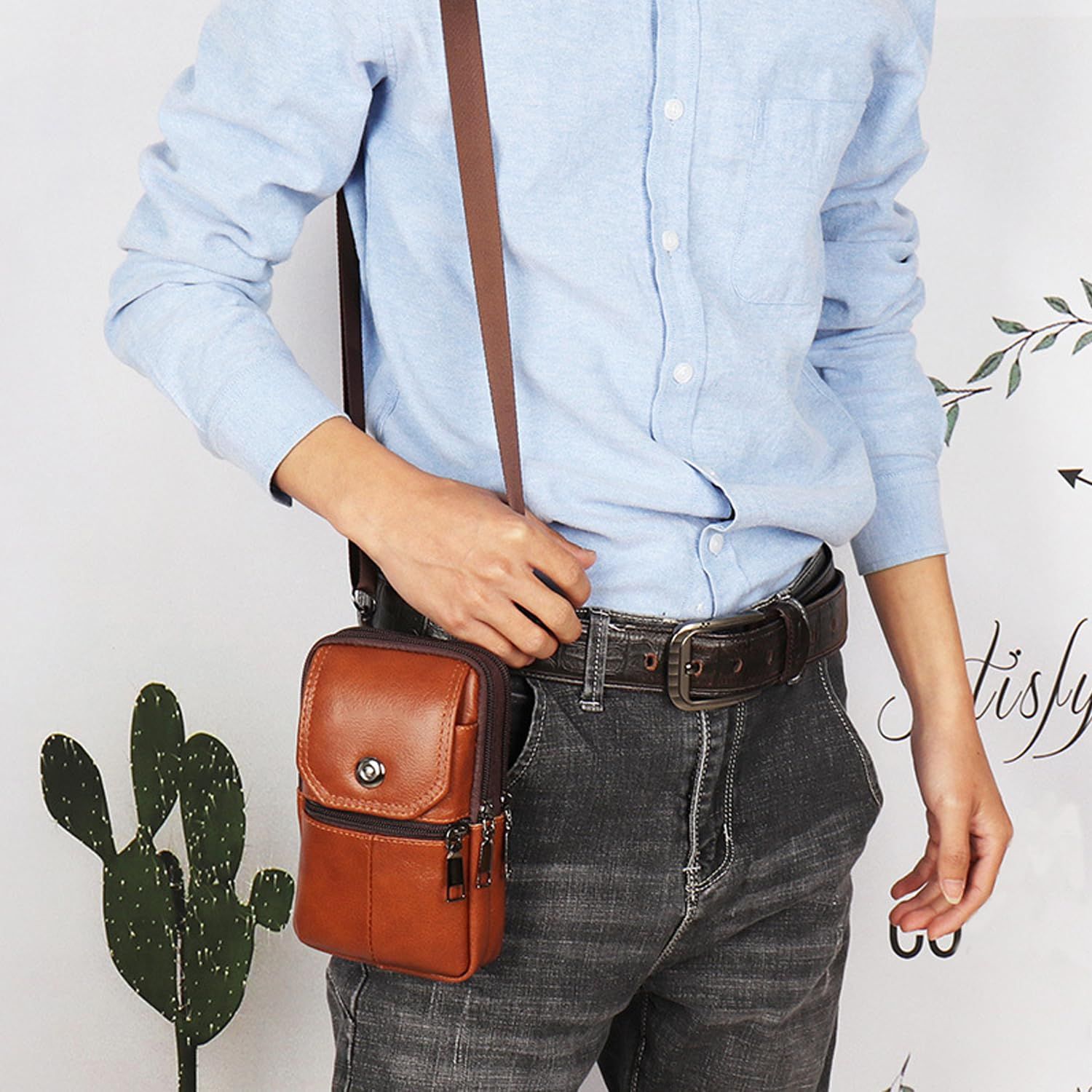 Brown genuine Leather Men’s Crossbody Waist Bag, Multifunctional Belt Pouch, Portable Outdoor Phone & ID Card Holder, Casual Fanny Pack for Daily‑use - Image 3