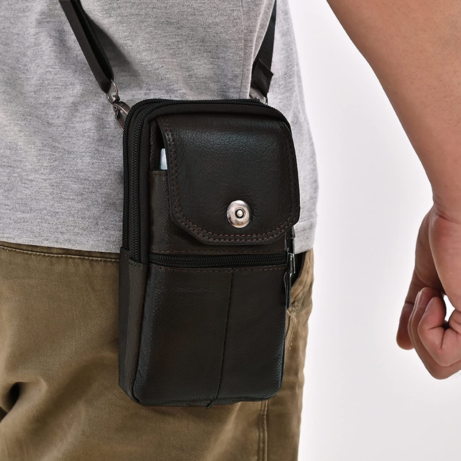 Black genuine Leather Men’s Crossbody Waist Bag, Multifunctional Belt Pouch, Portable Outdoor Phone & ID Card Holder, Casual Fanny Pack for Daily‑use - Image 2