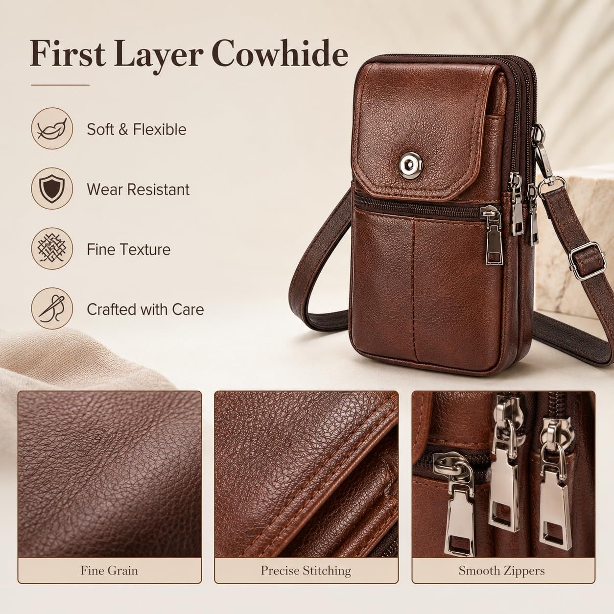 Coffee genuine Leather Men’s Crossbody Waist Bag, Multifunctional Belt Pouch, Portable Outdoor Phone & ID Card Holder, Casual Fanny Pack for Daily‑use - Image 2