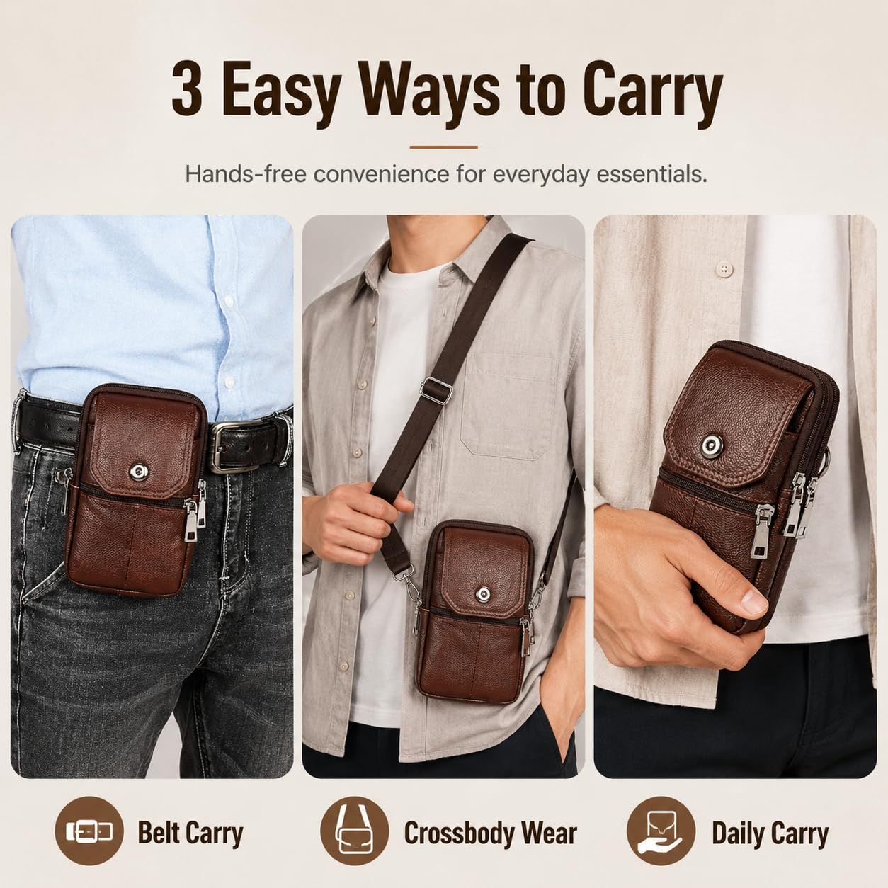 Coffee genuine Leather Men’s Crossbody Waist Bag, Multifunctional Belt Pouch, Portable Outdoor Phone & ID Card Holder, Casual Fanny Pack for Daily‑use - Image 4