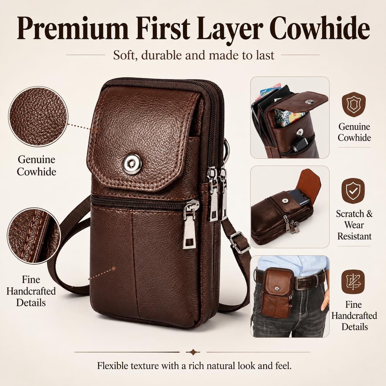 Coffee genuine Leather Men’s Crossbody Waist Bag, Multifunctional Belt Pouch, Portable Outdoor Phone & ID Card Holder, Casual Fanny Pack for Daily‑use - Image 6