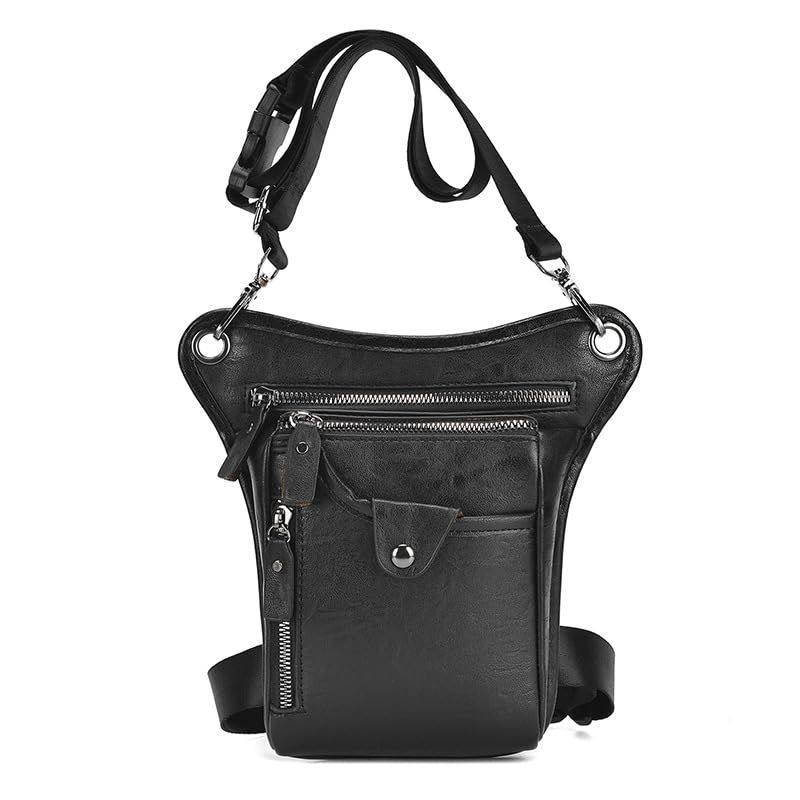 Black men's Genuine Leather Outdoor Sporting Hiking Waist Hip Pack Messenger Shoulder Drop Leg Thigh Bag Pouches - Image 1